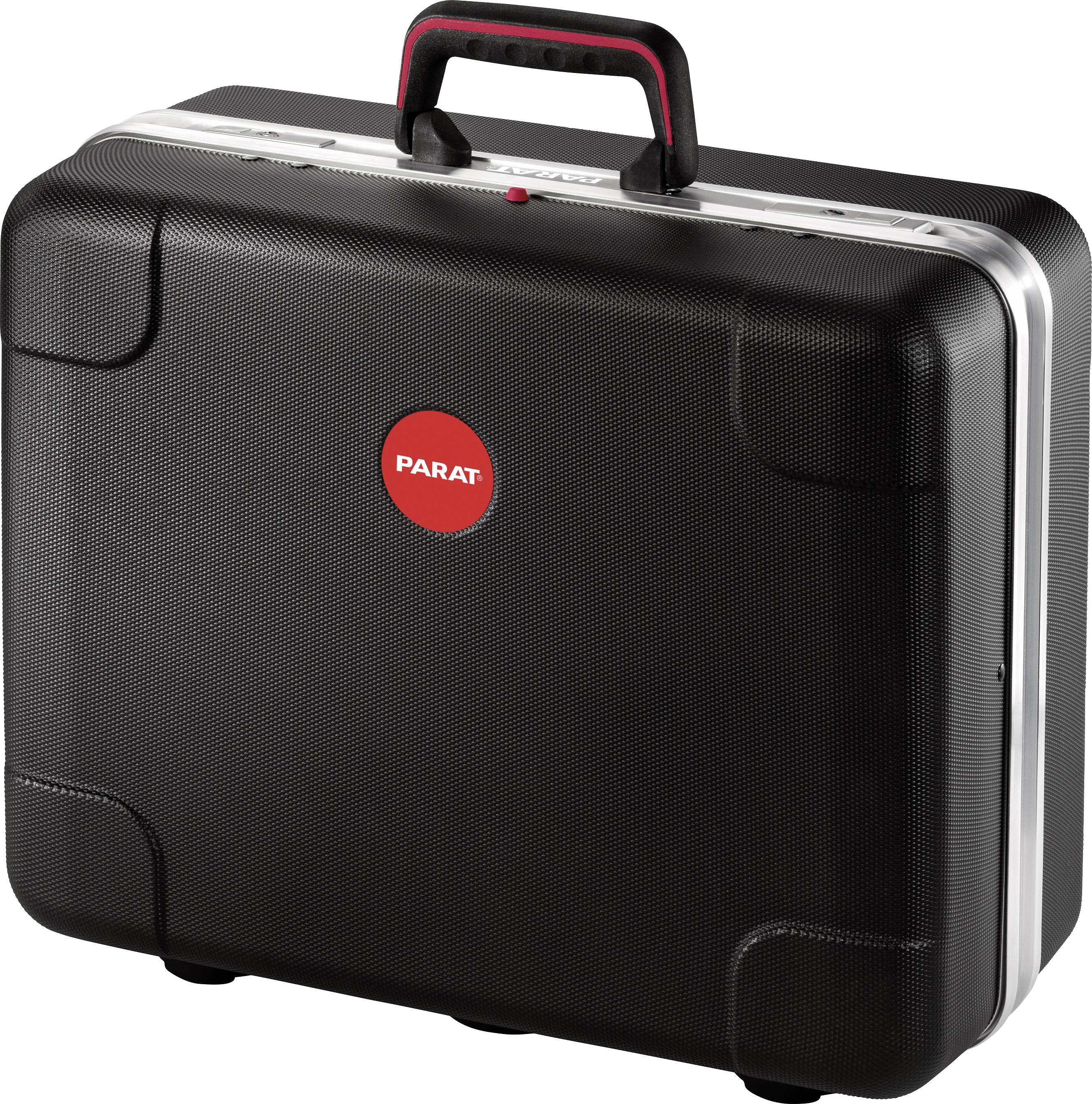 Black hard-shell suitcase with a red circular symbol and the inscription 'PARAT'. Case with a red handle and metallic details.