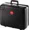 Black hard-shell suitcase with a red circular symbol and the inscription 'PARAT'. Case with a red handle and metallic details.