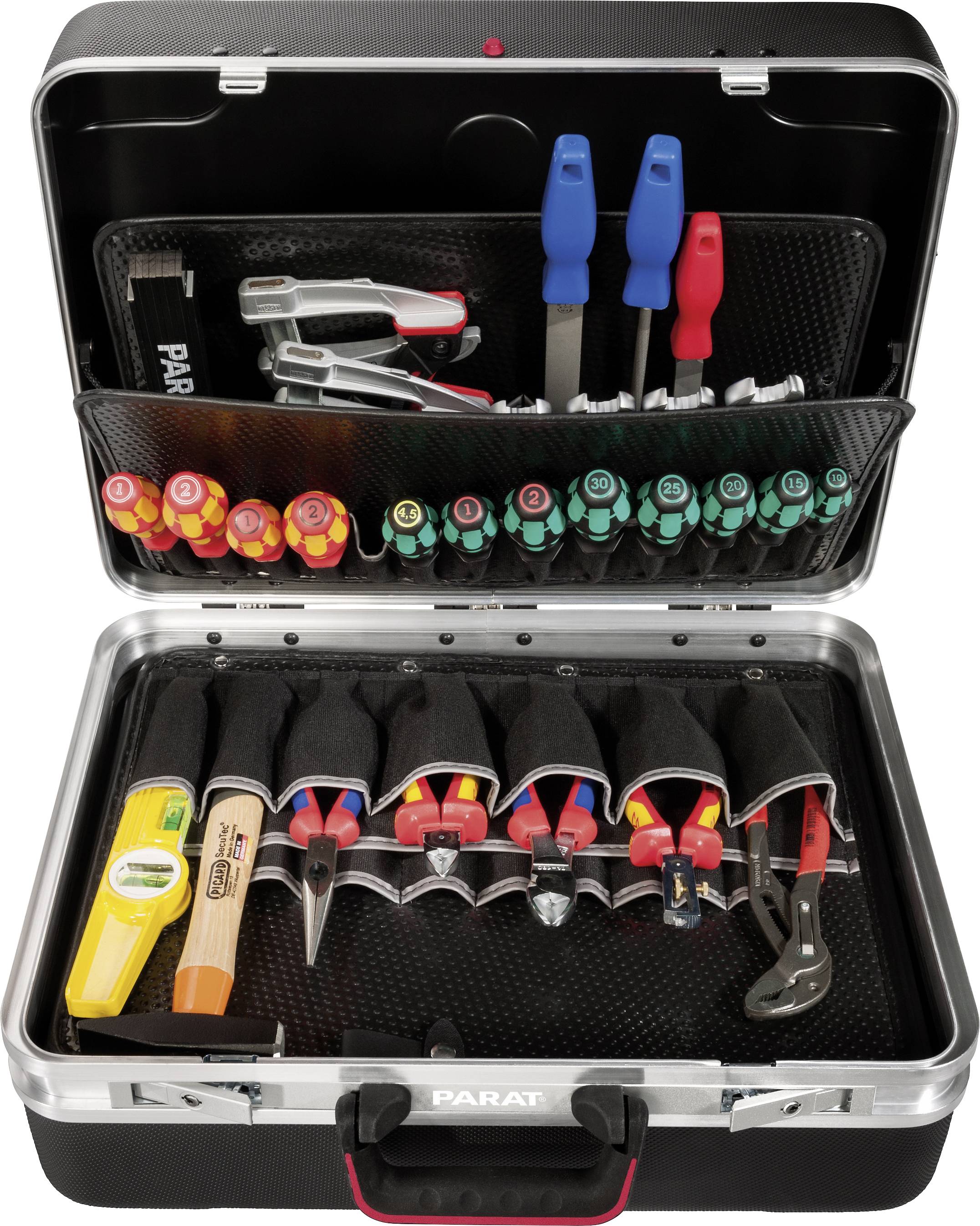 A tool case with an open lid, displaying a variety of tools such as screwdrivers, pliers, and spanners in an organised arrangement.