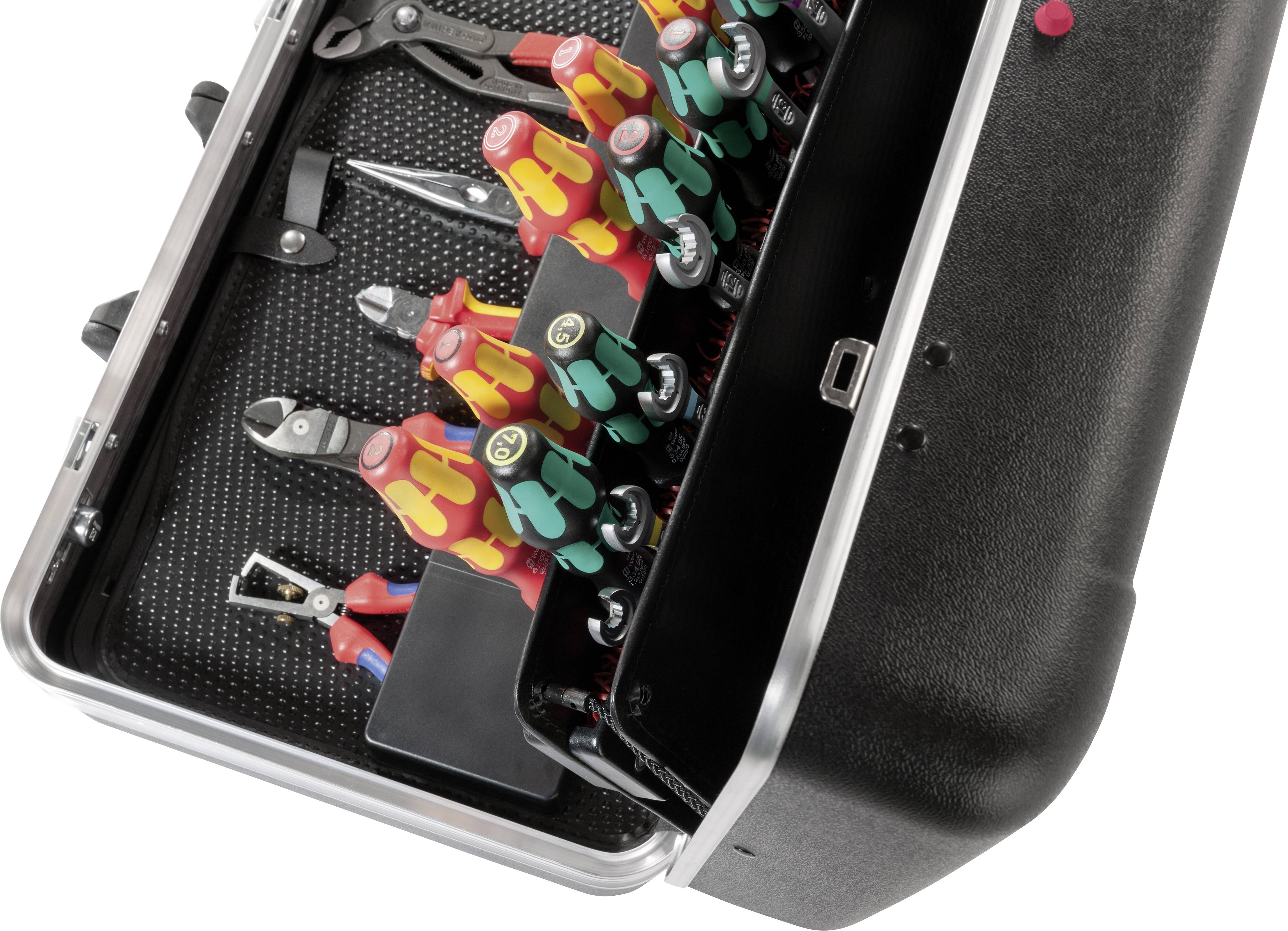 An open toolbox with various tools, including screwdrivers with coloured handles, pliers, and spanners.