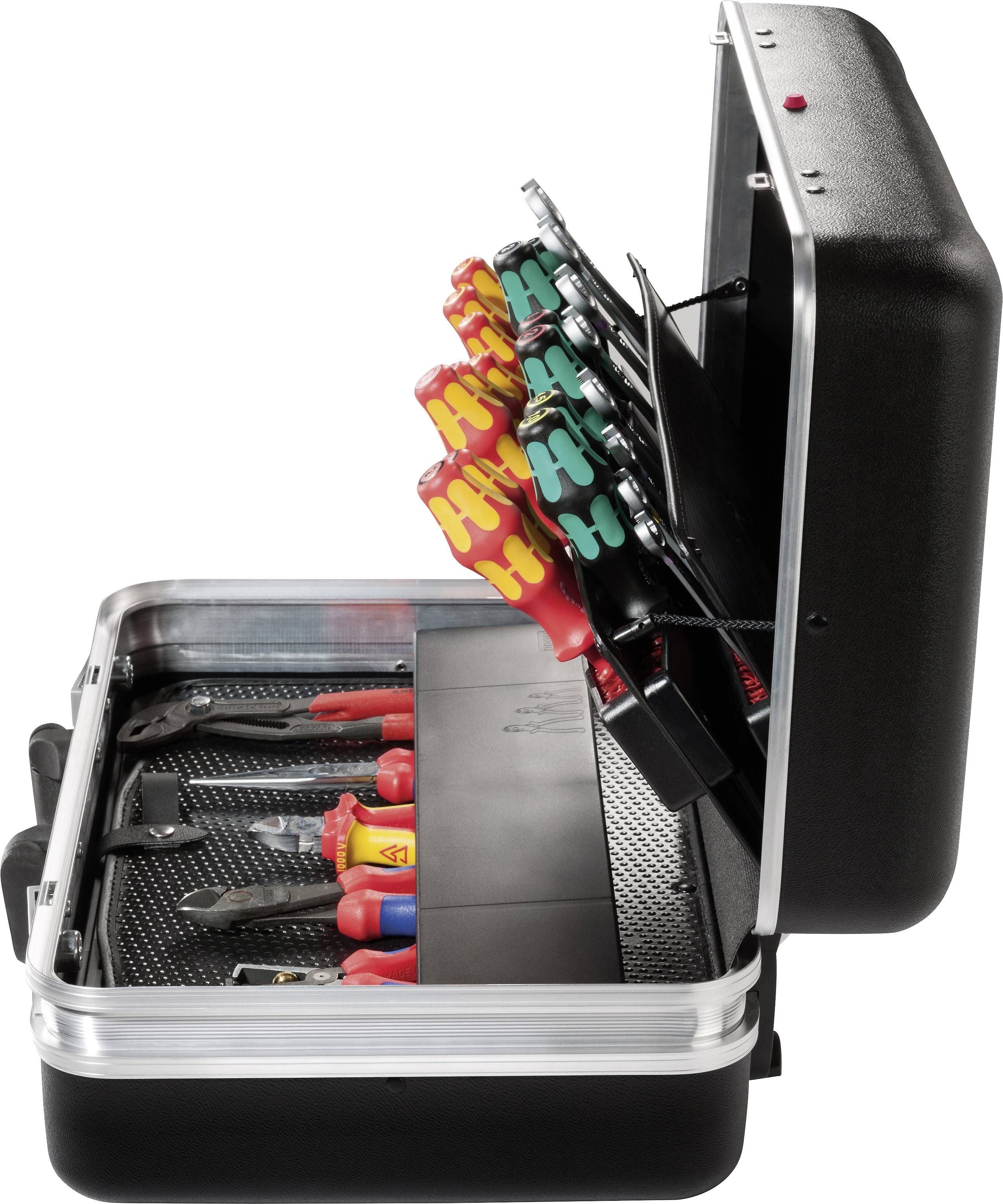 An open toolbox displays neatly arranged screwdrivers and pliers. The case is black with a silver border.