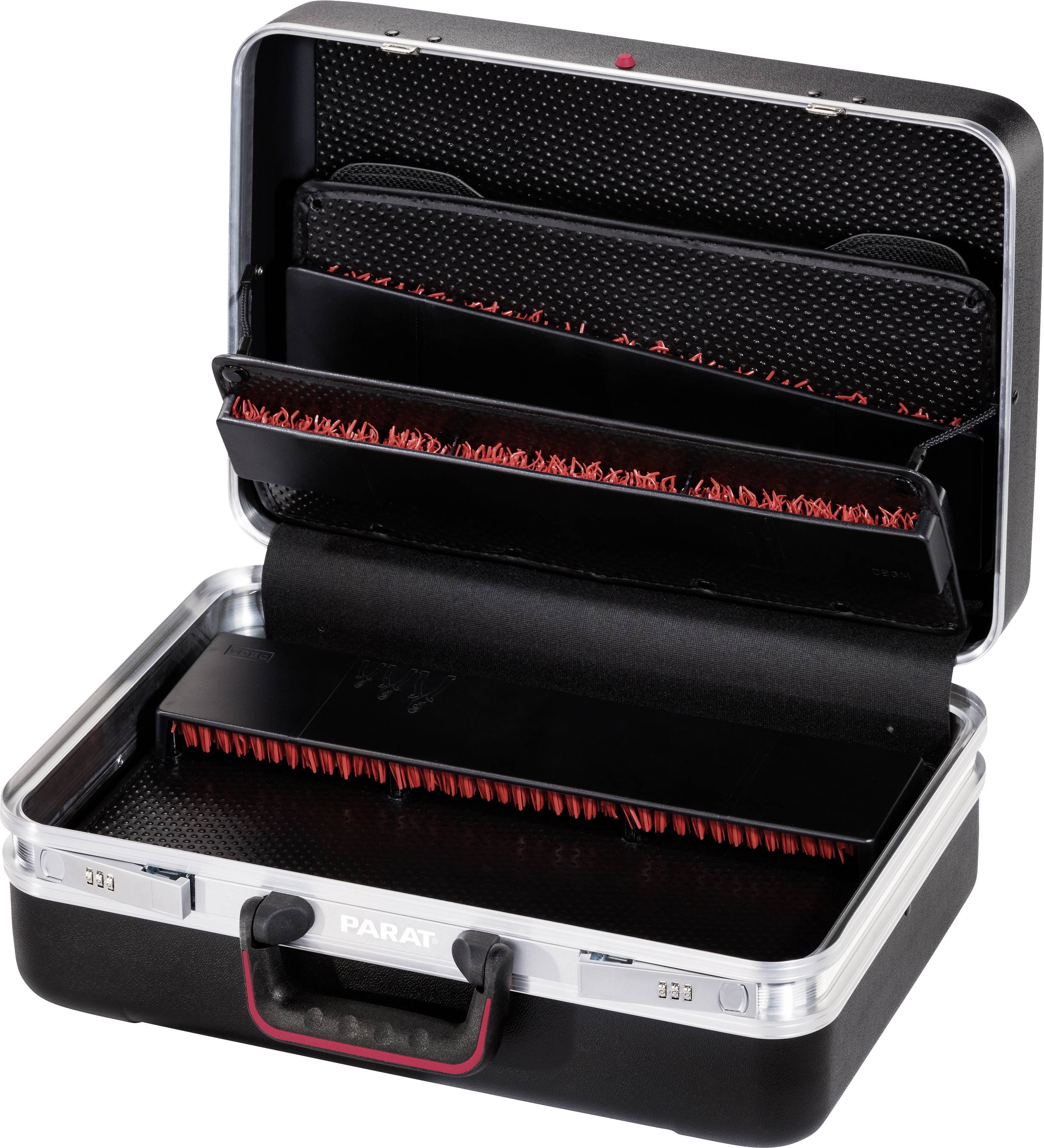 An open toolbox with multiple compartments and elastic bands for organising tools, against a neutral background.