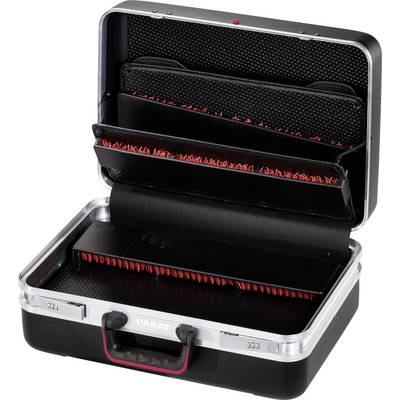 An open toolbox with multiple compartments and elastic bands for organising tools, against a neutral background.