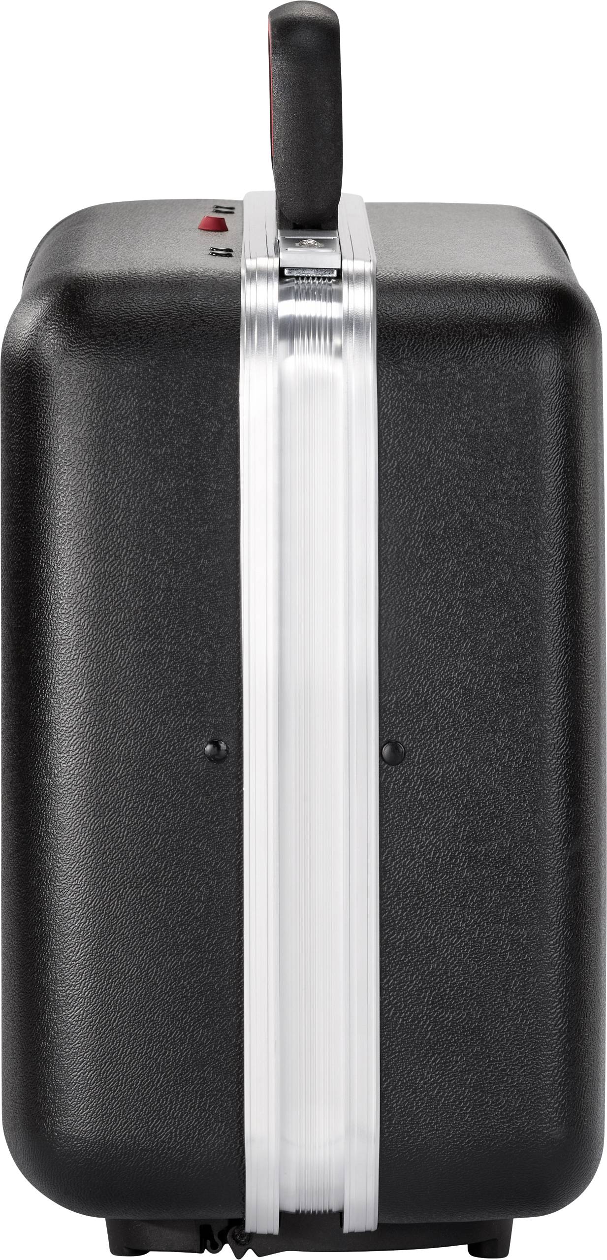 Black, hardshell suitcase with sturdy handle and silver lock, standing upright, against white background.