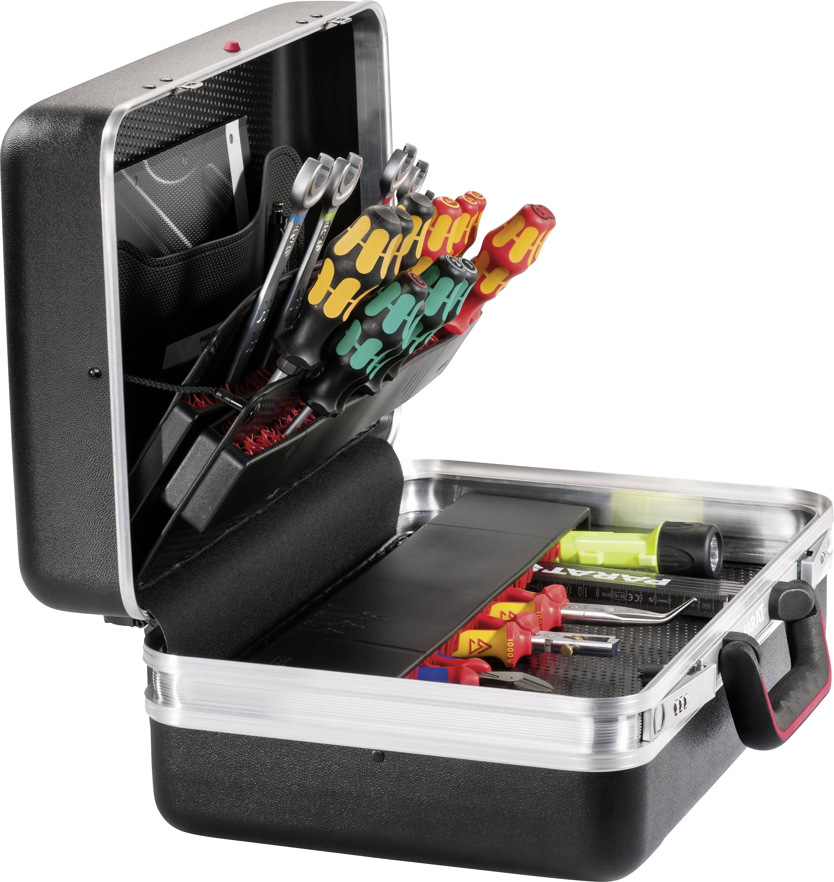 An open toolbox with coloured screwdrivers, pliers and a voltage tester. Ideal for electrical work.