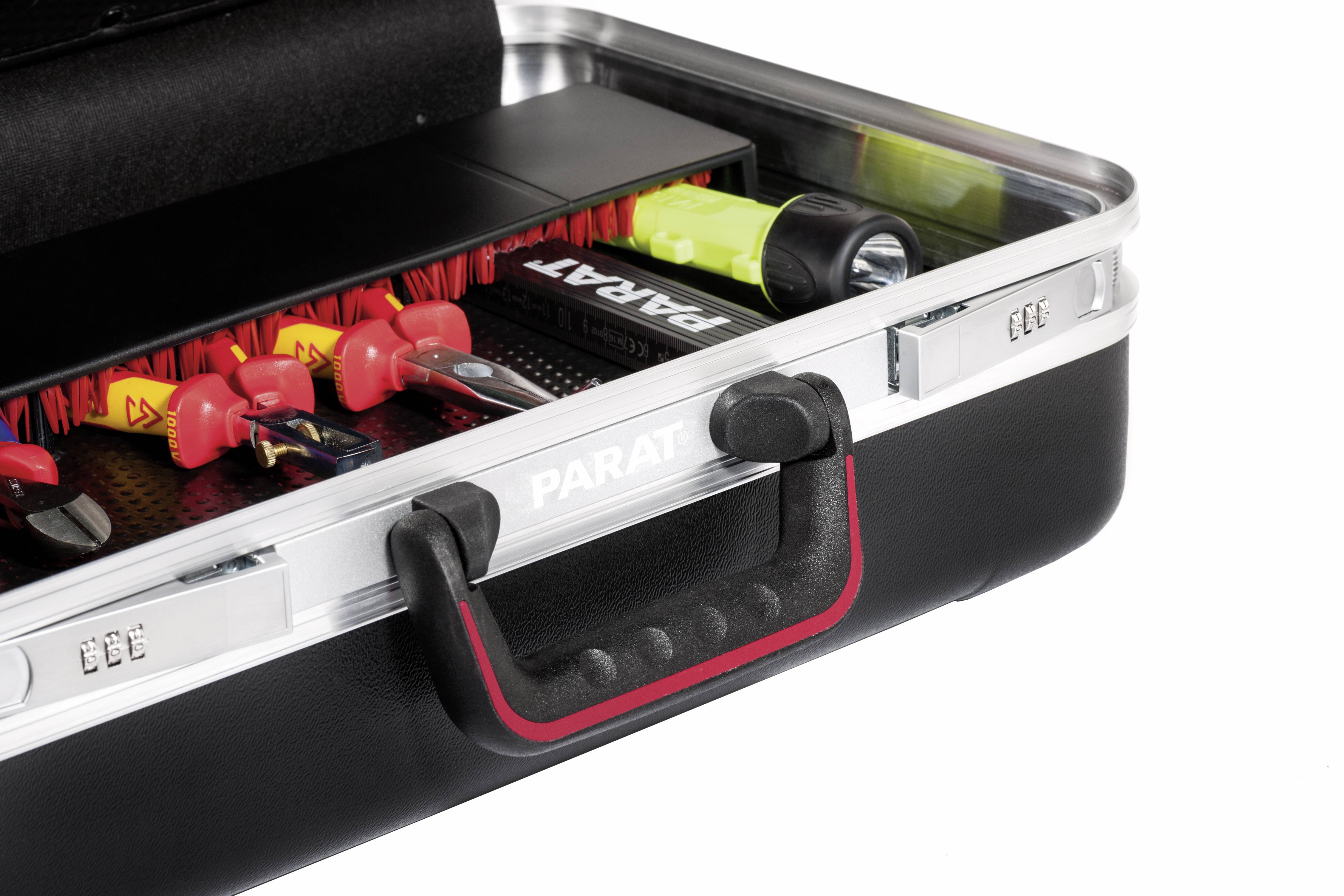 Toolbox with an open lid. Visible are screwdrivers, a torch, and a 'PARAT' logo on the handle.