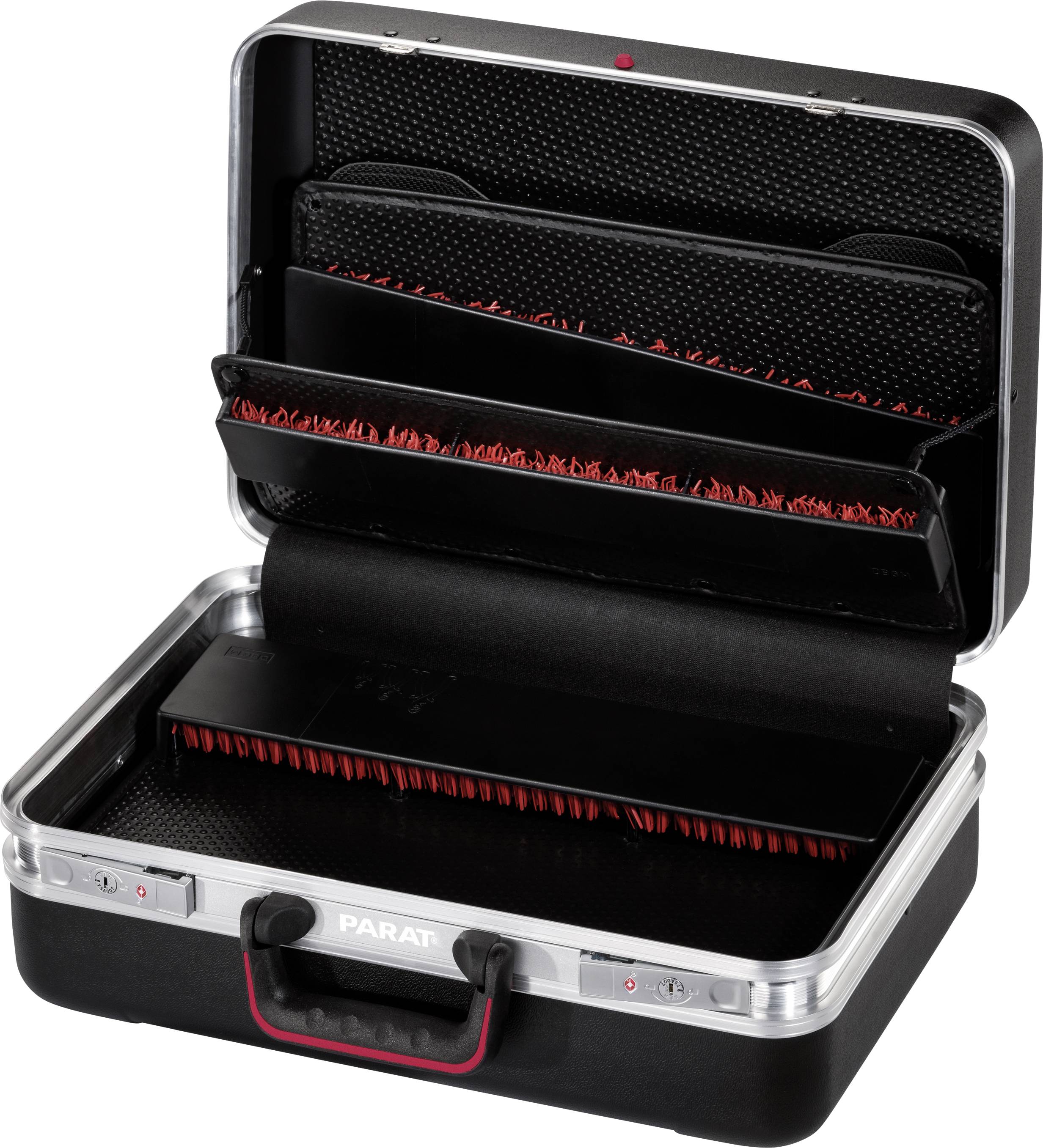 Open black briefcase with compartments and red details, suitable for organising and storing tools or documents.