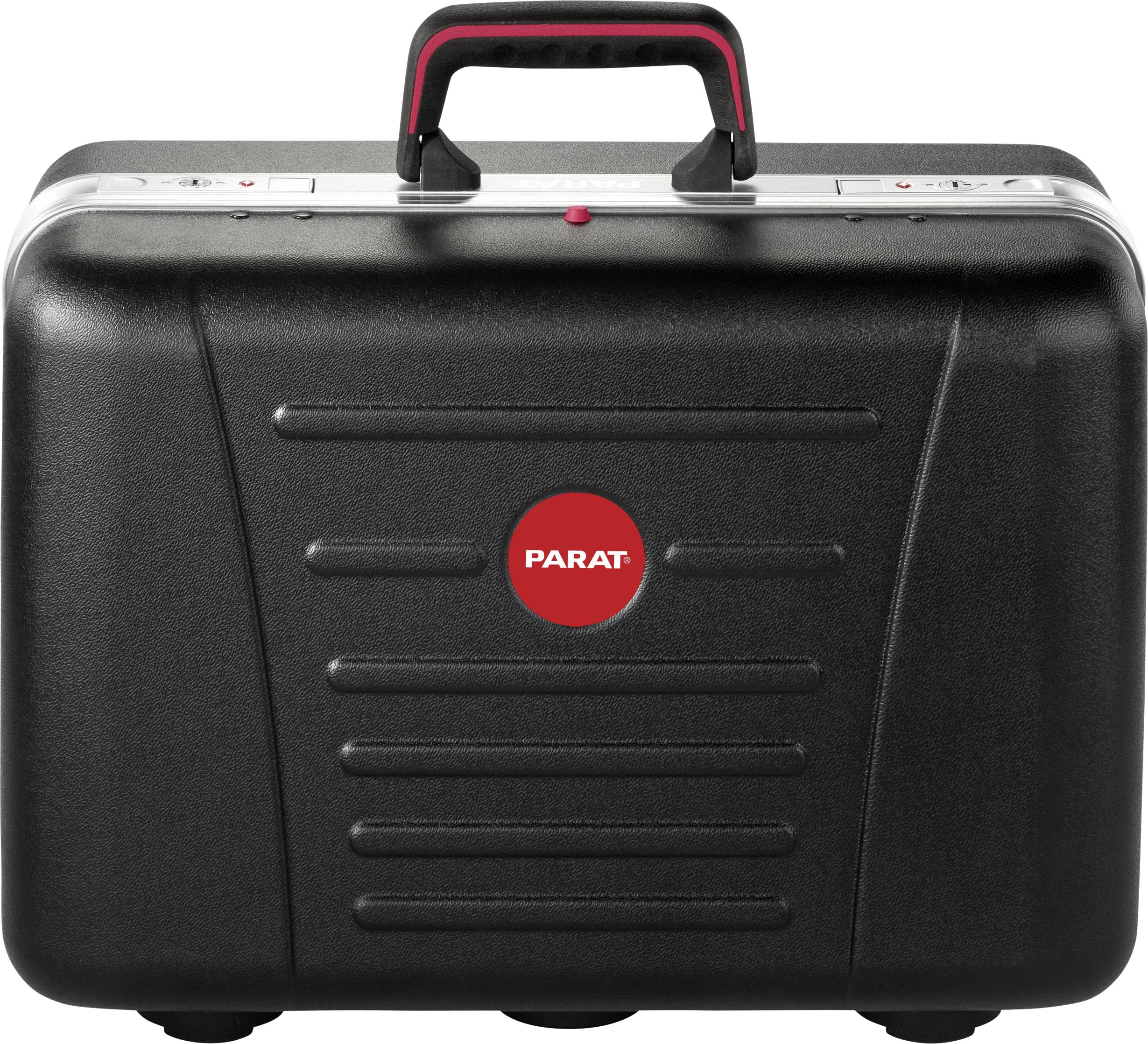 Black suitcase with red handle, central red logo with 'PARAT' lettering, rectangular shape, robust surface.