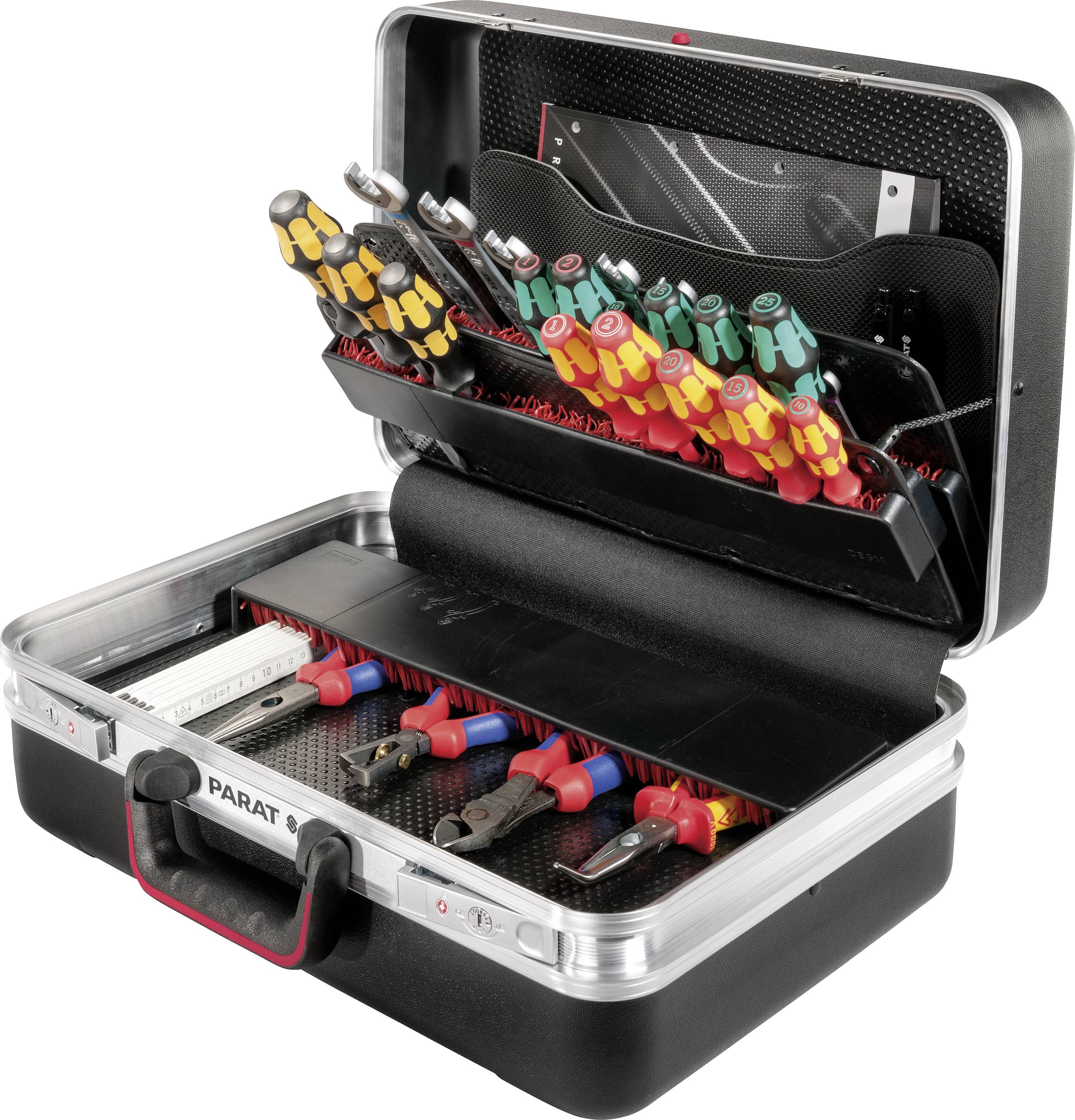 An open toolbox with various screwdrivers and pliers, neatly sorted into holders, against a light background.