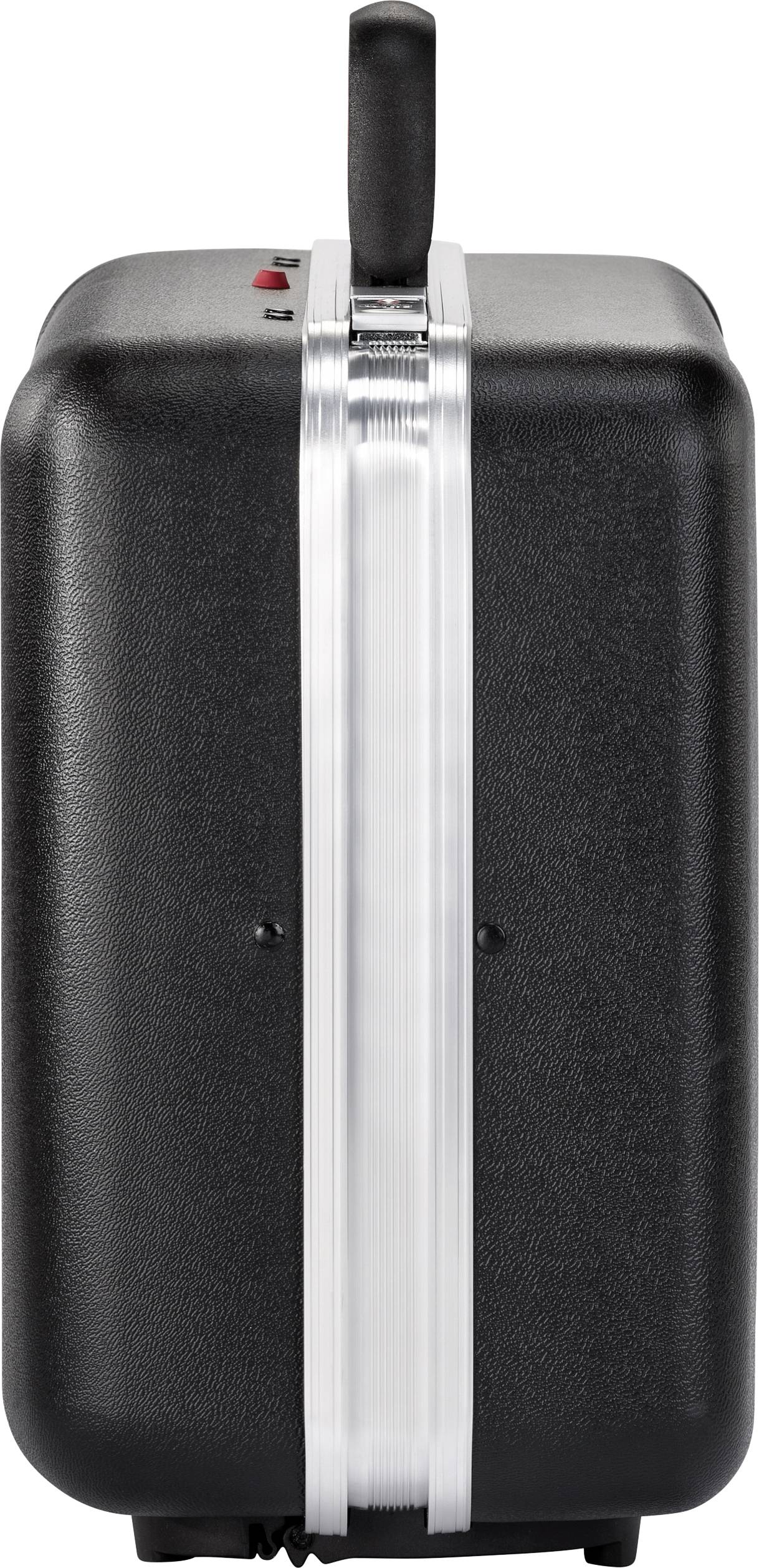 Black hard-shell suitcase with silver frame, top carrying handle and telescopic handle for transportation.