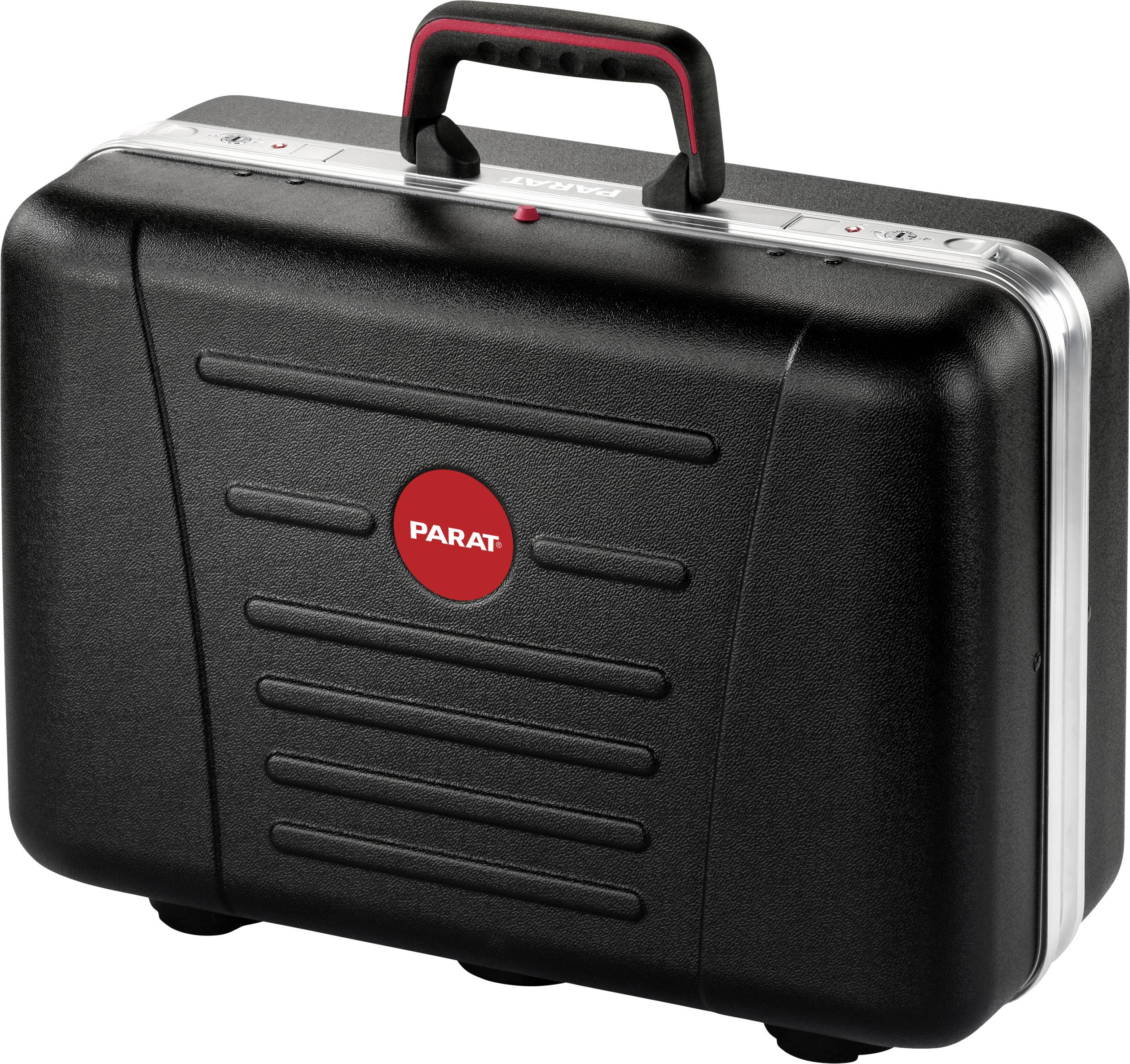 Black hard-shell suitcase with a red handle and a red logo in the centre, which reads 'PARAT'.