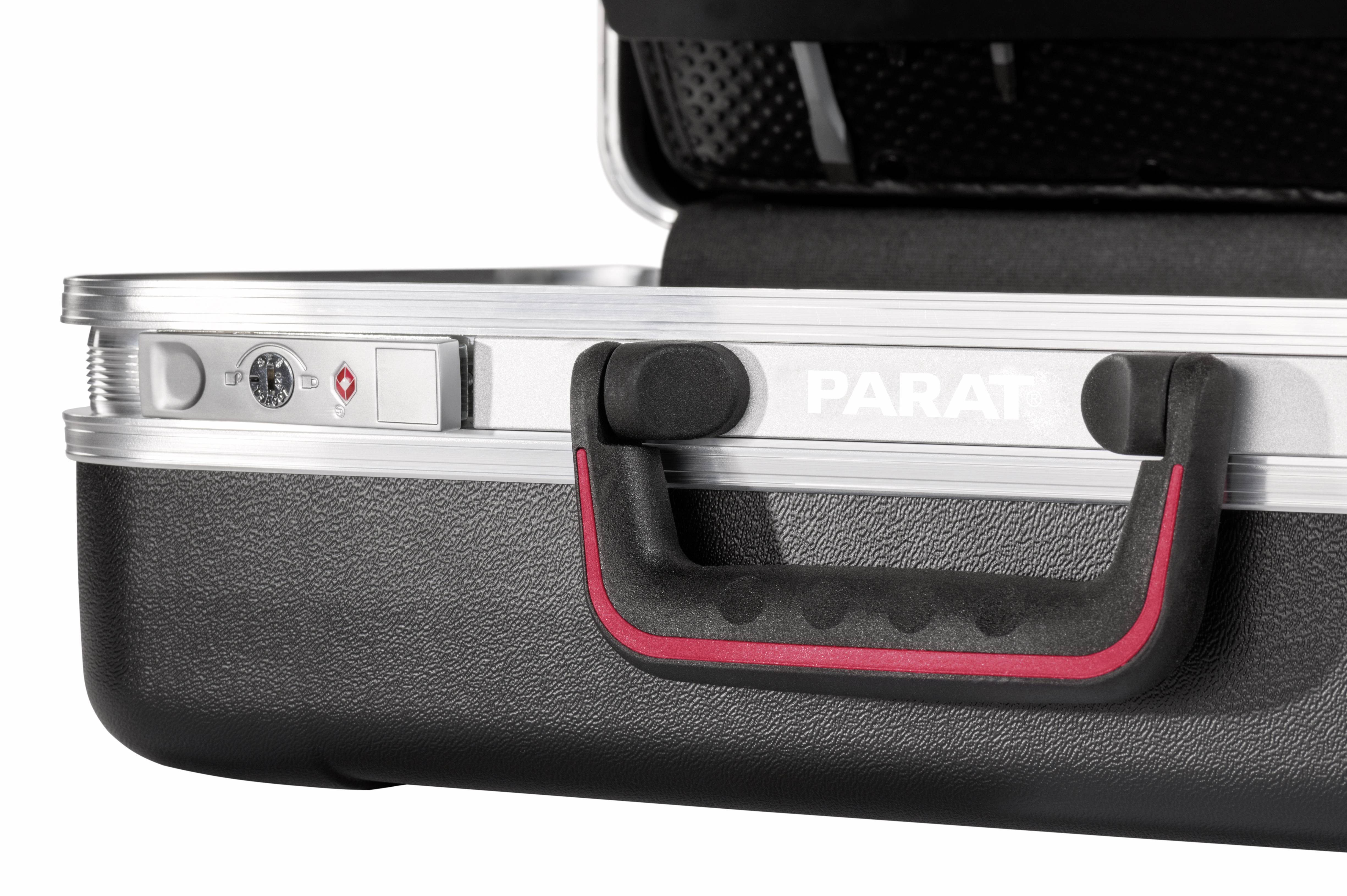 Black suitcase with a red handle and silver lock. The brand name 'PARAT' is visible next to the handle.