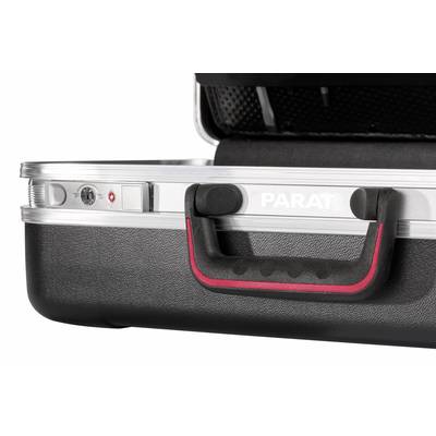 Black suitcase with a red handle and silver lock. The brand name 'PARAT' is visible next to the handle.