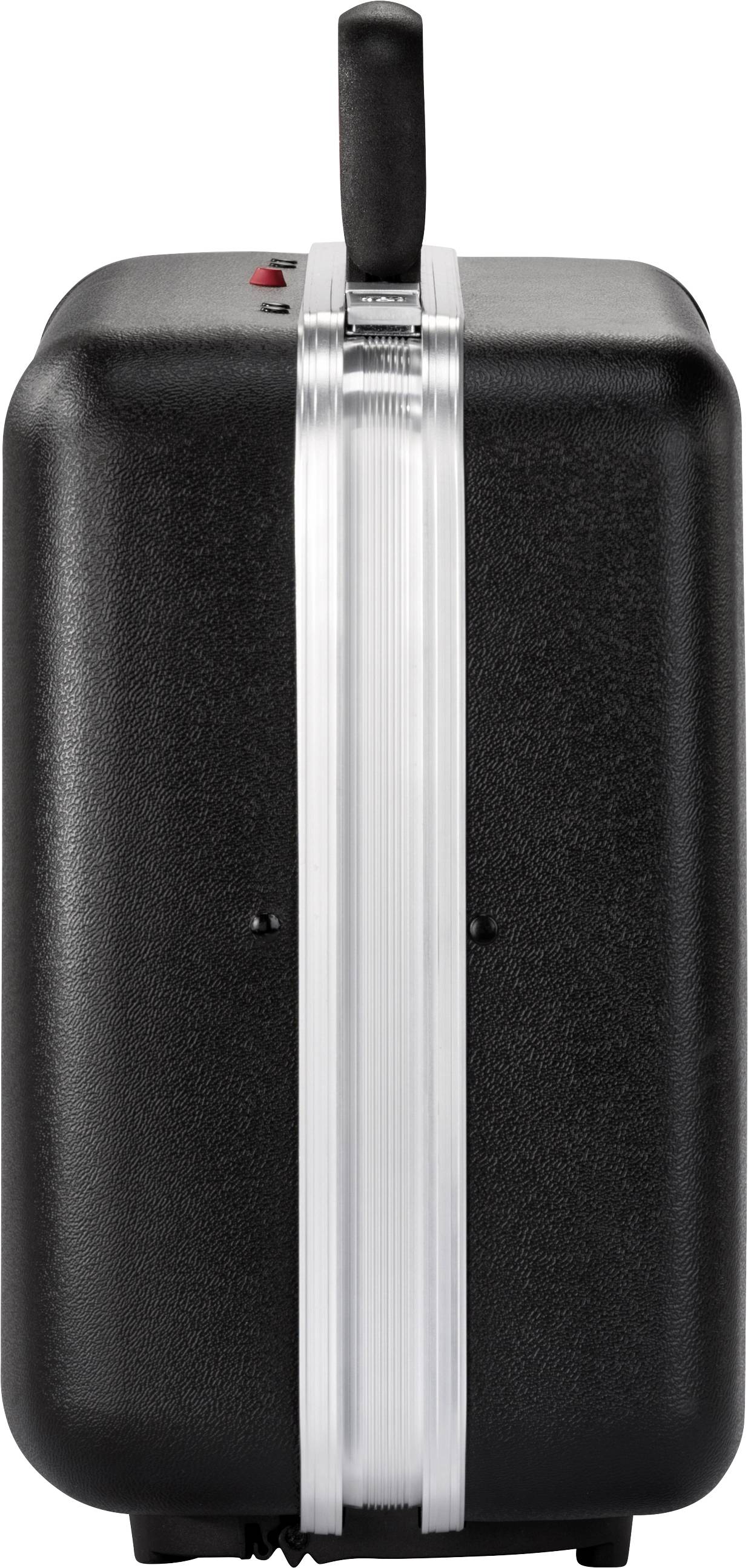 Black hard-shell suitcase with silver zip, standing upright. A handle and combination lock at the top.