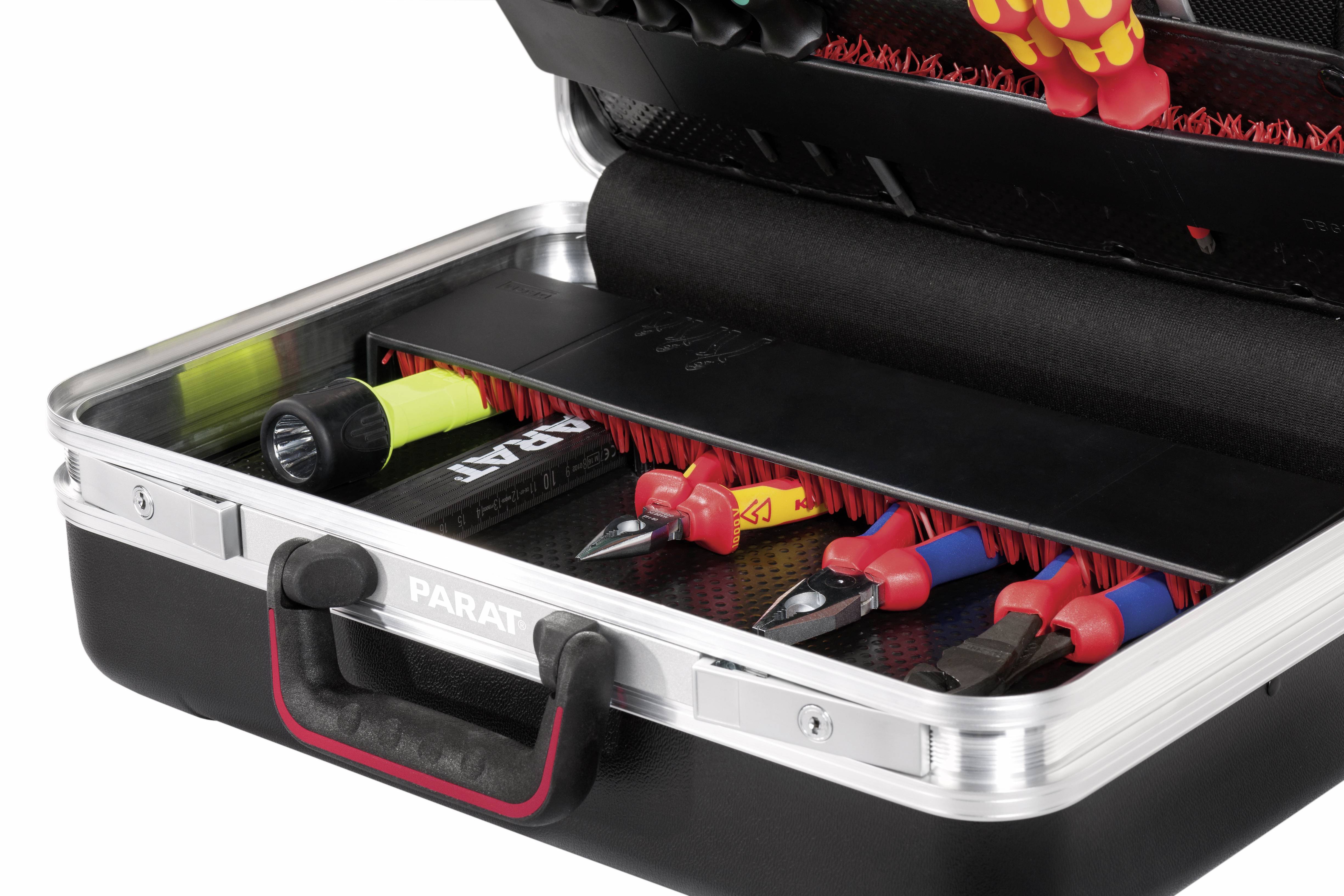 Open toolbox with various hand tools such as screwdrivers and pliers, partially visible, on a black insert.