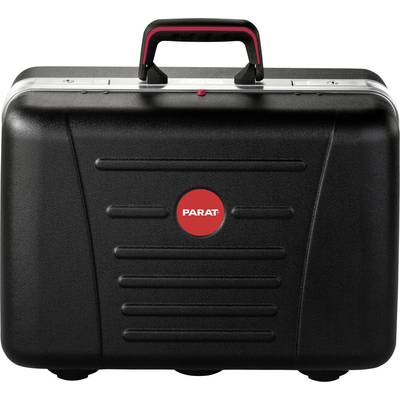 Black tool case with red circular 'PARAT' logo in the centre, sturdy handle on top. Suitable for the secure transportation of tools.