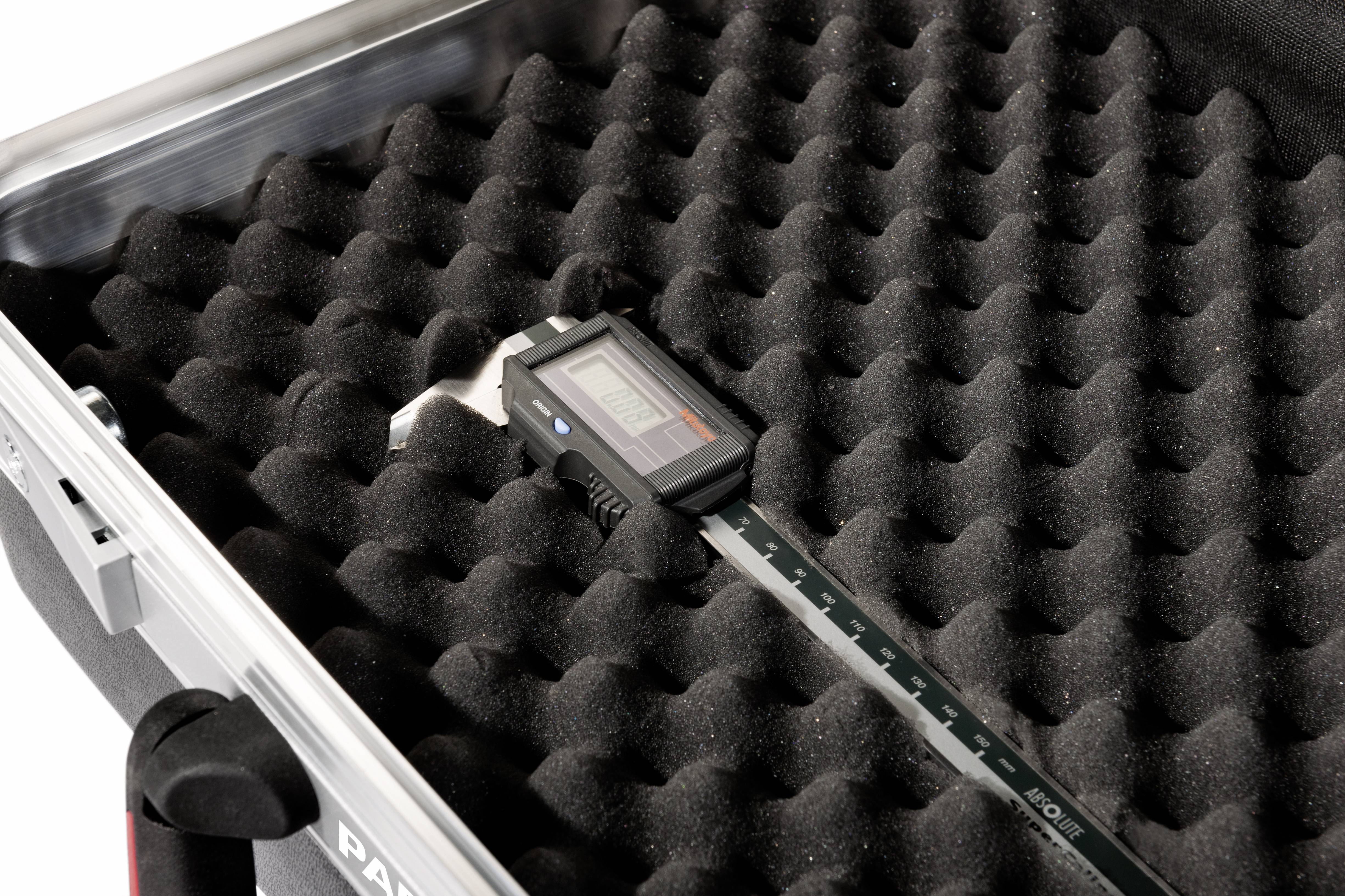 Digital calliper in a padded case, ready for precise measurements.