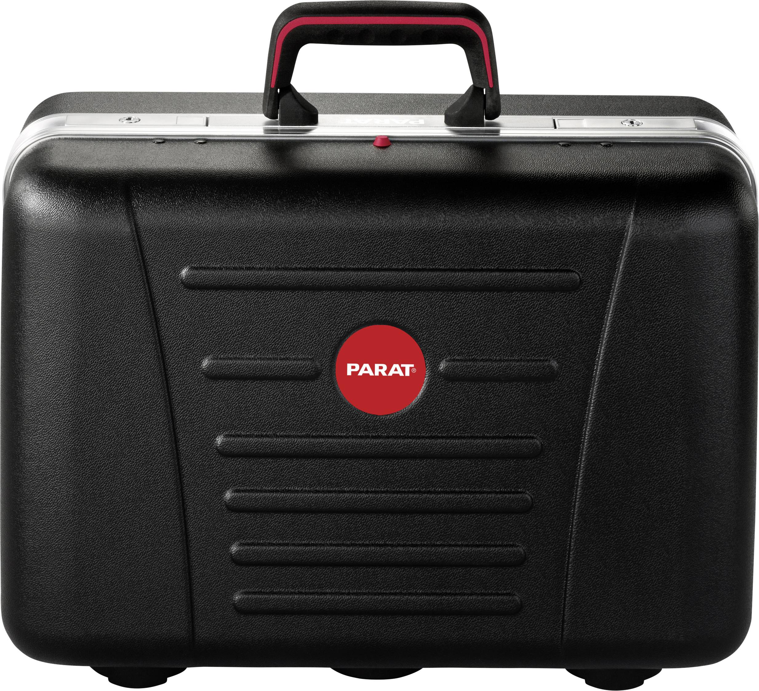 Black tool case with a red circle and 'PARAT' logo in the centre, silver handle on top with a red accent, robust design.