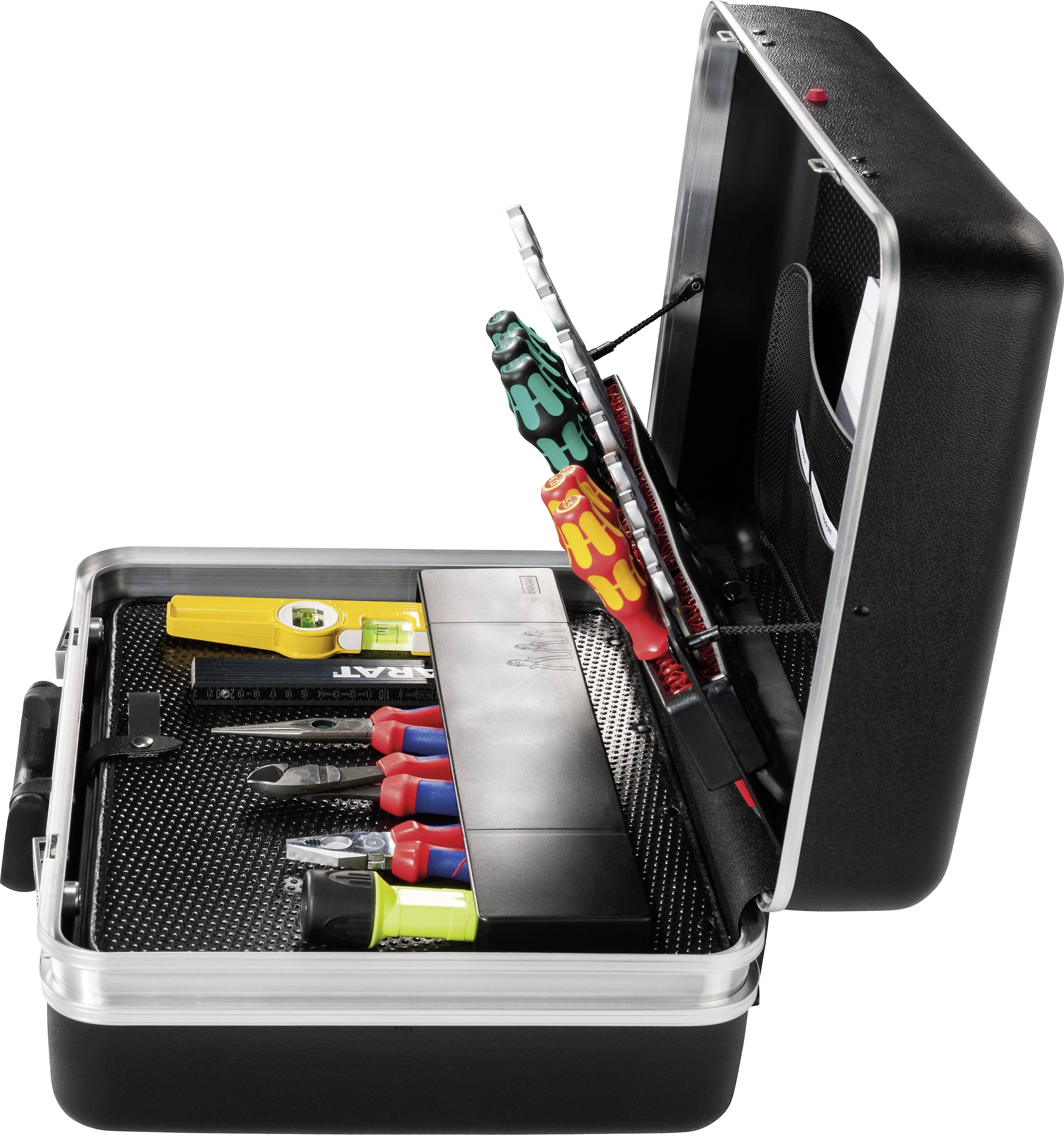 An opened toolbox with various hand tools, including screwdrivers, pliers, and a voltage tester.