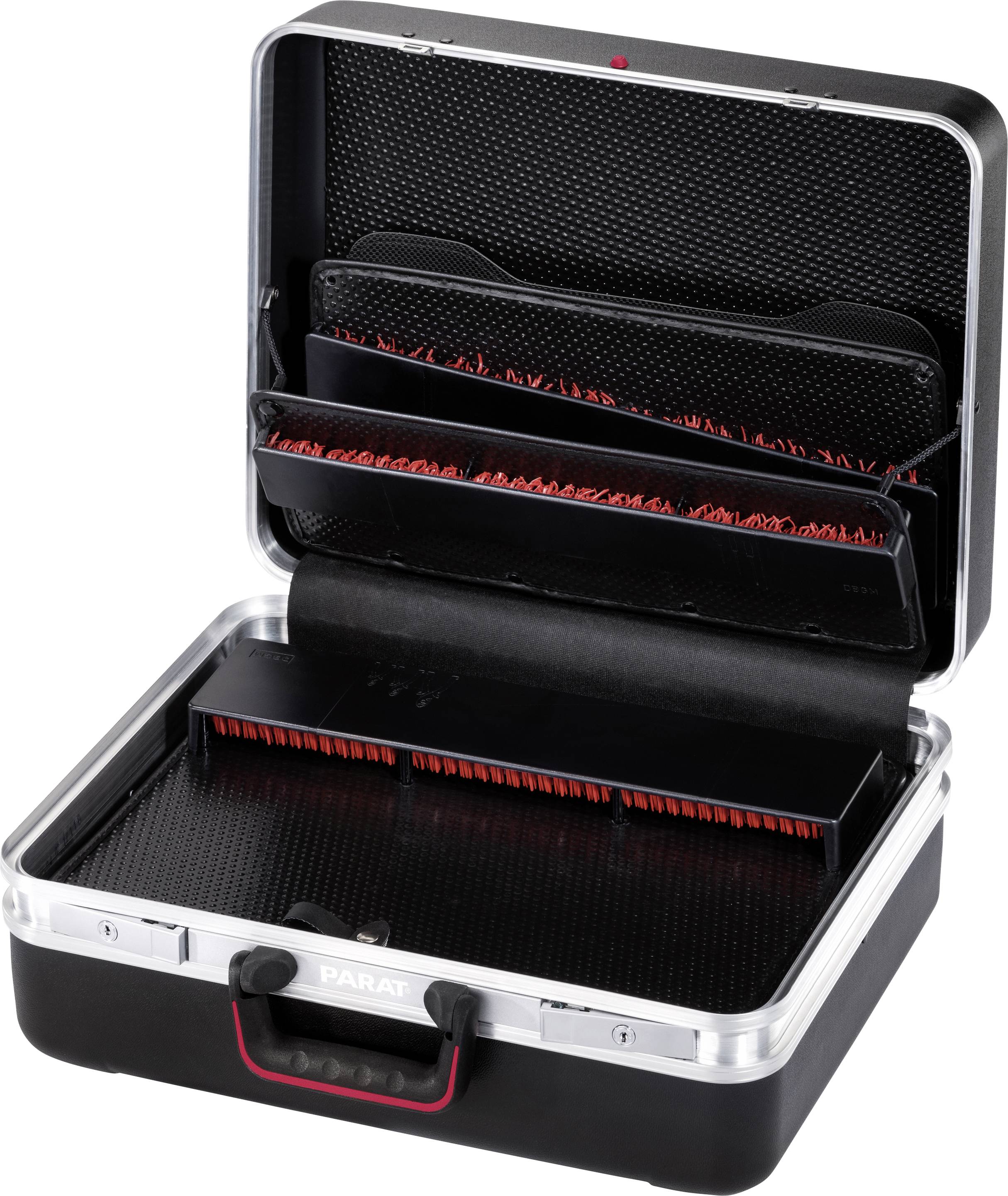 A black, open suitcase with multiple compartments and pockets, filled with red tool holders.