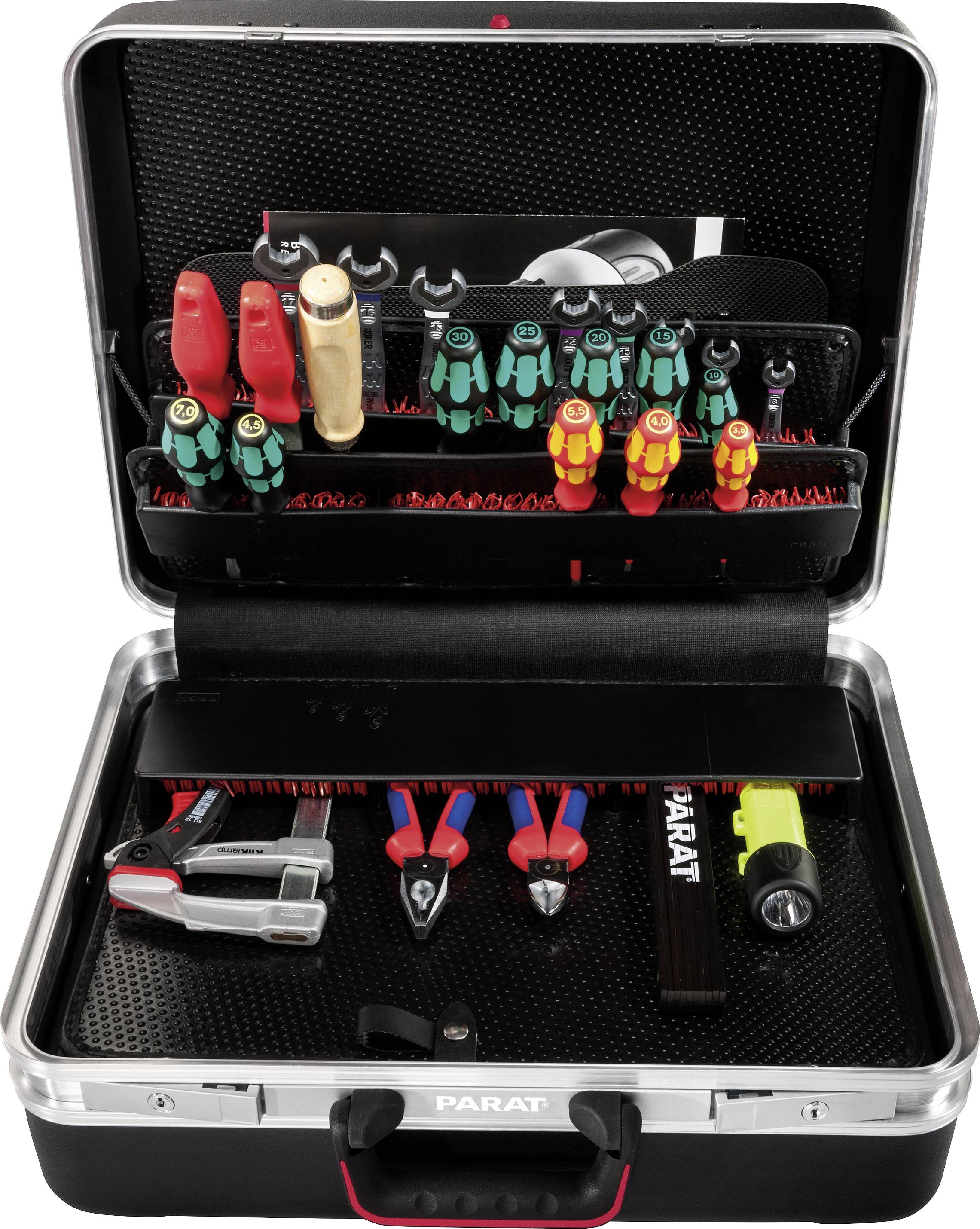 An opened toolbox with various tools: screwdrivers, pliers, and socket wrenches, carefully sorted and ready for use.