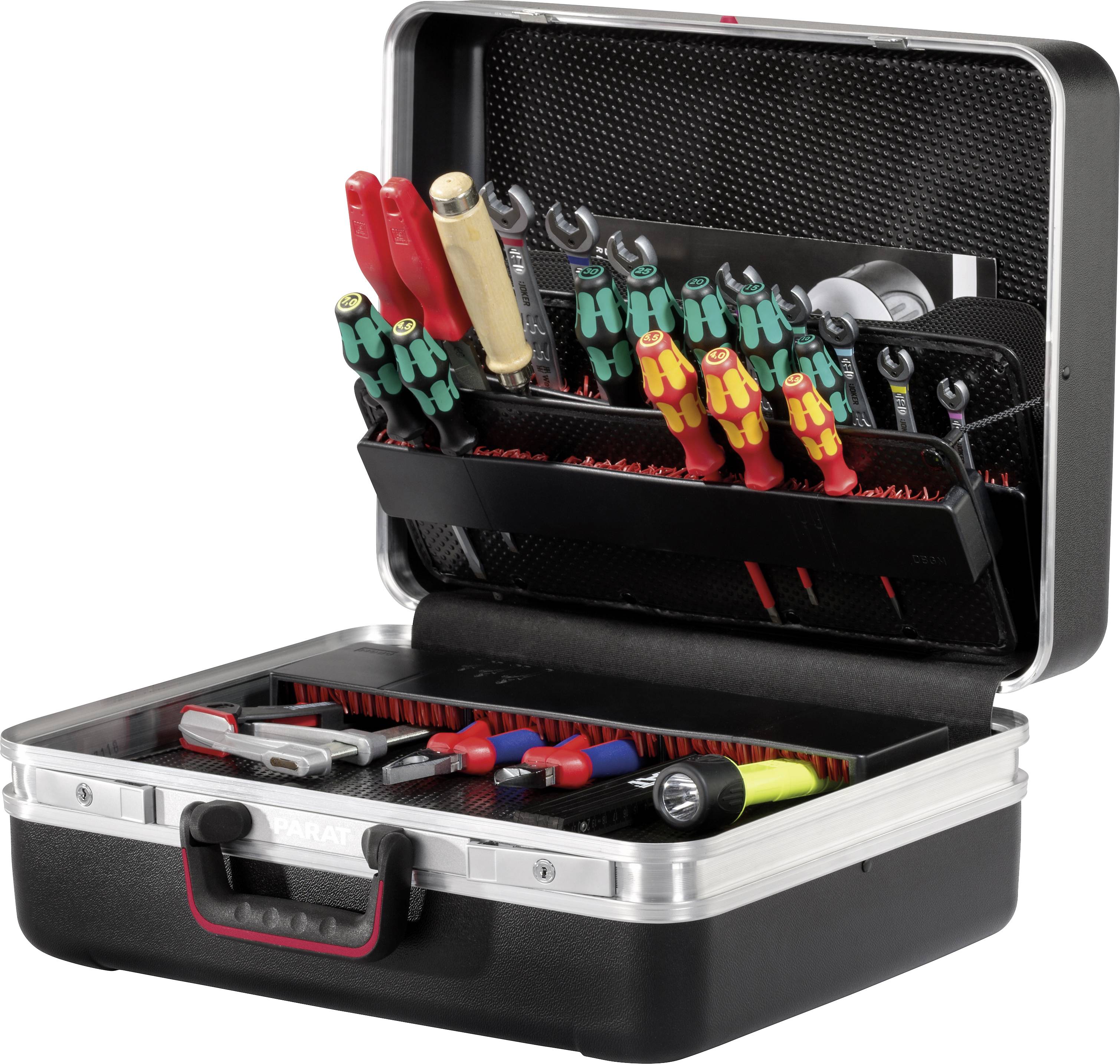Open tool box with various hand tools such as screwdrivers, pliers and spanners, carefully organised.