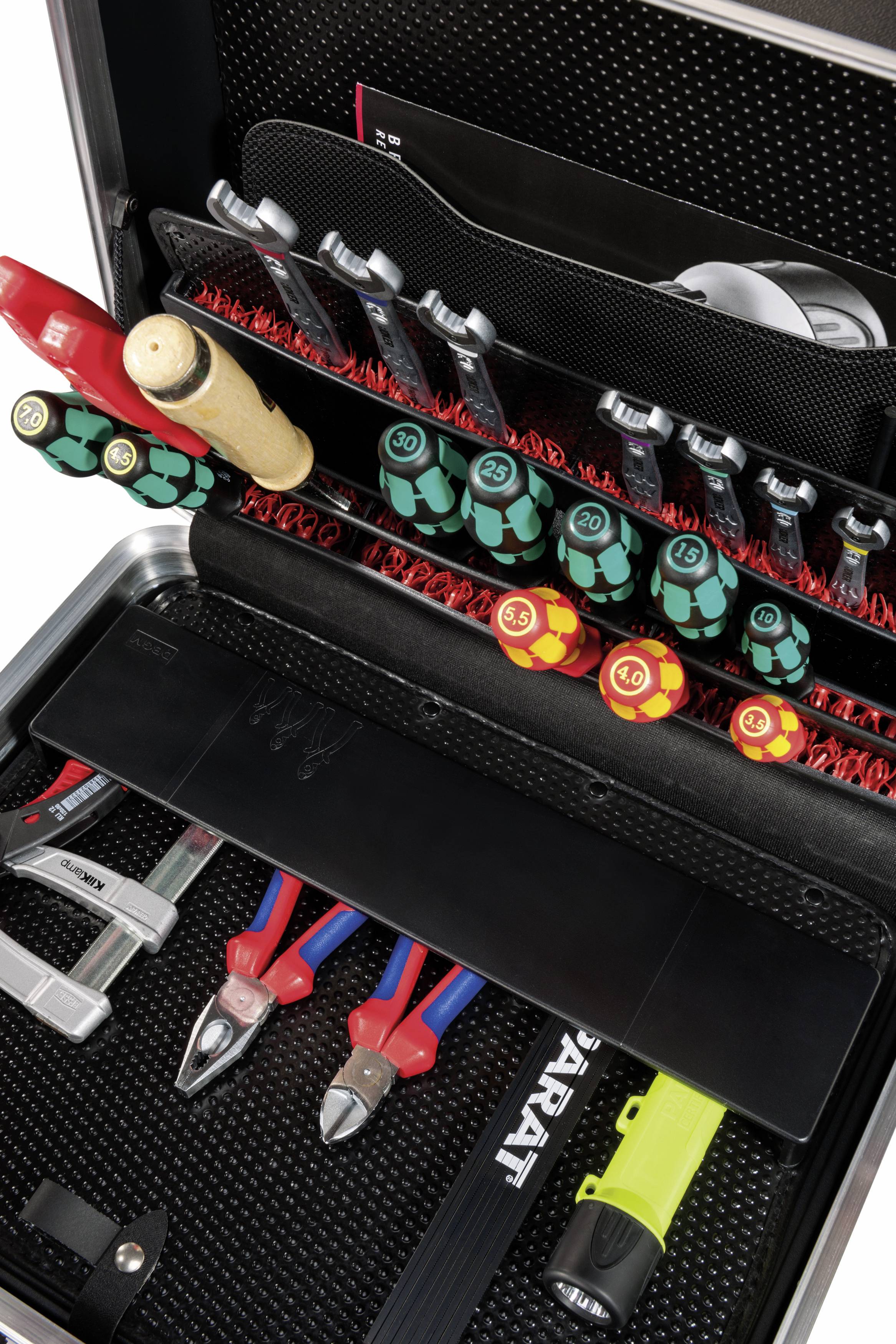 Toolbox containing various hand tools, including screwdrivers, pliers, hammer and torch, neatly organised.