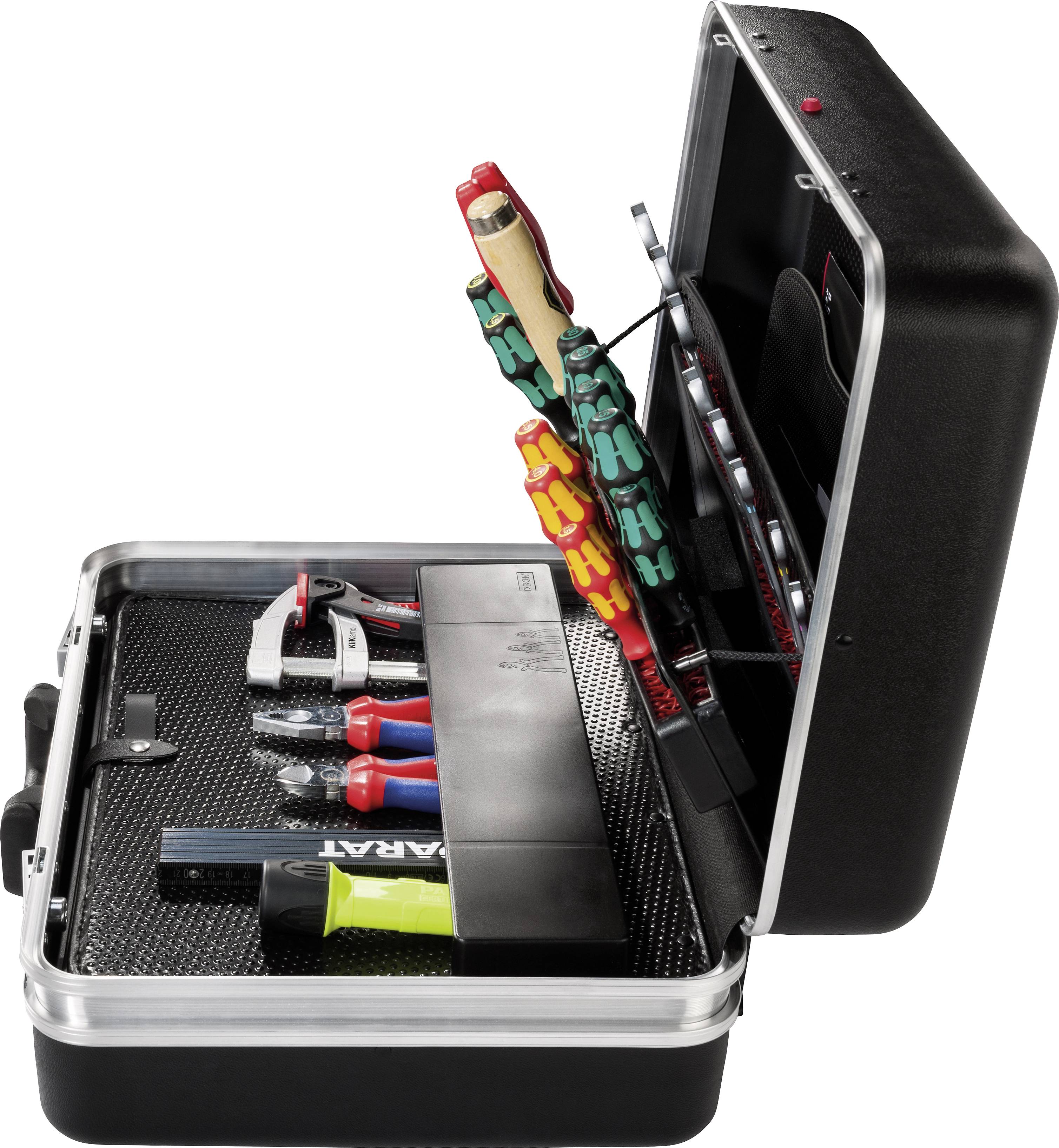 An open toolbox with various hand tools such as pliers and screwdrivers arranged in an orderly layout.