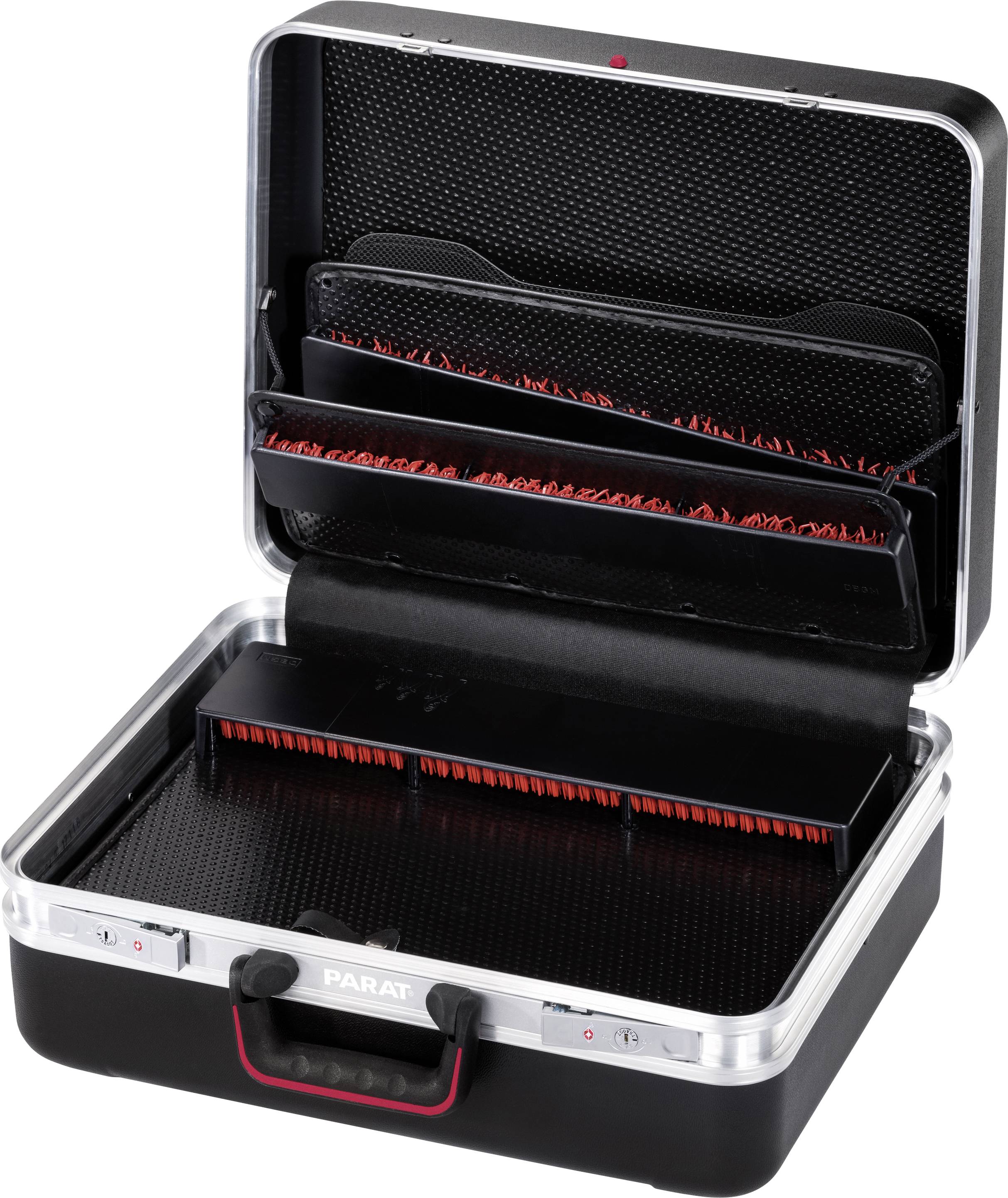 Open black tool case with multiple compartments and red interior lining.