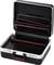 Open black tool case with multiple compartments and red interior lining.