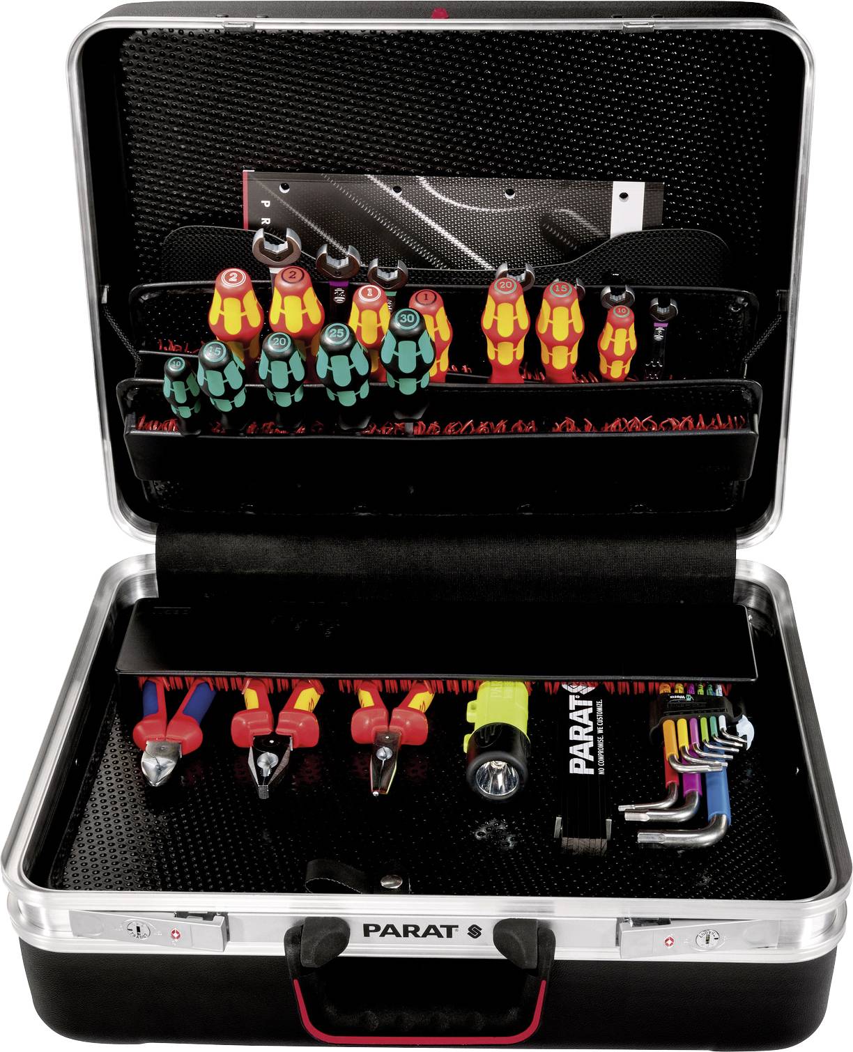 An open toolbox with various screwdrivers, pliers, and a socket set, neatly arranged.