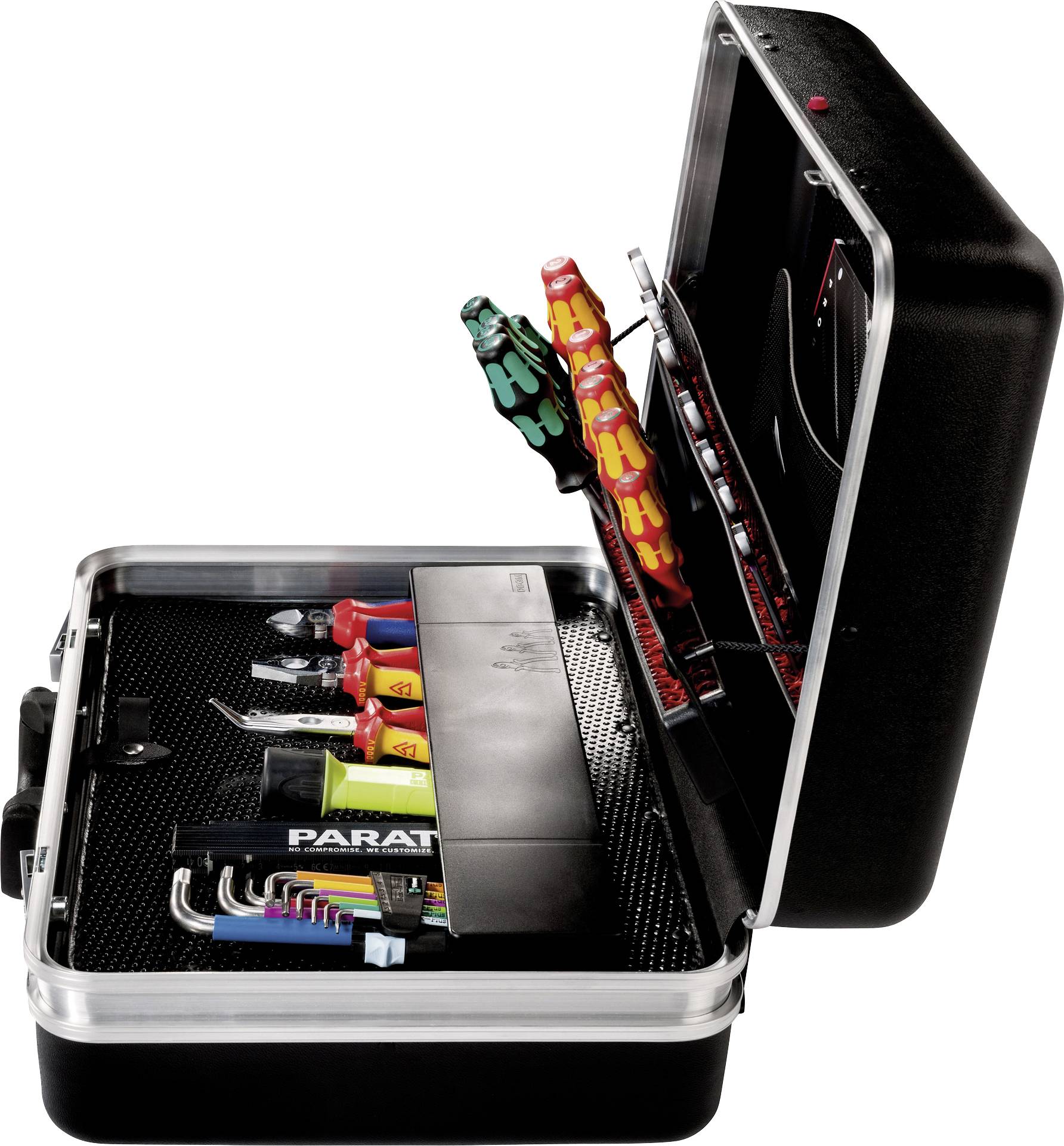 An opened toolbox displaying colourful screwdrivers, pliers, and Allen keys in various sizes, all neatly arranged.