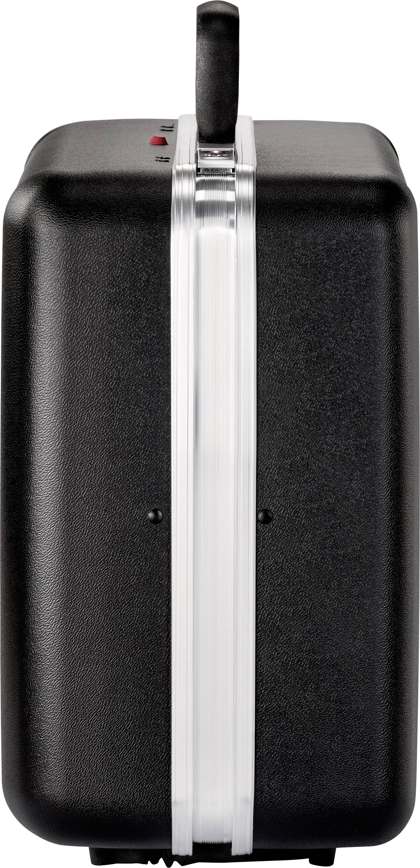 A black suitcase with a handle, viewed from the side.