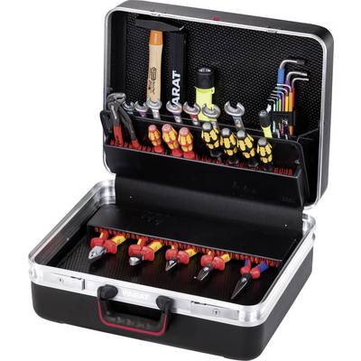 An opened toolbox with screwdrivers, pliers, spanners, and other tools neatly arranged.
