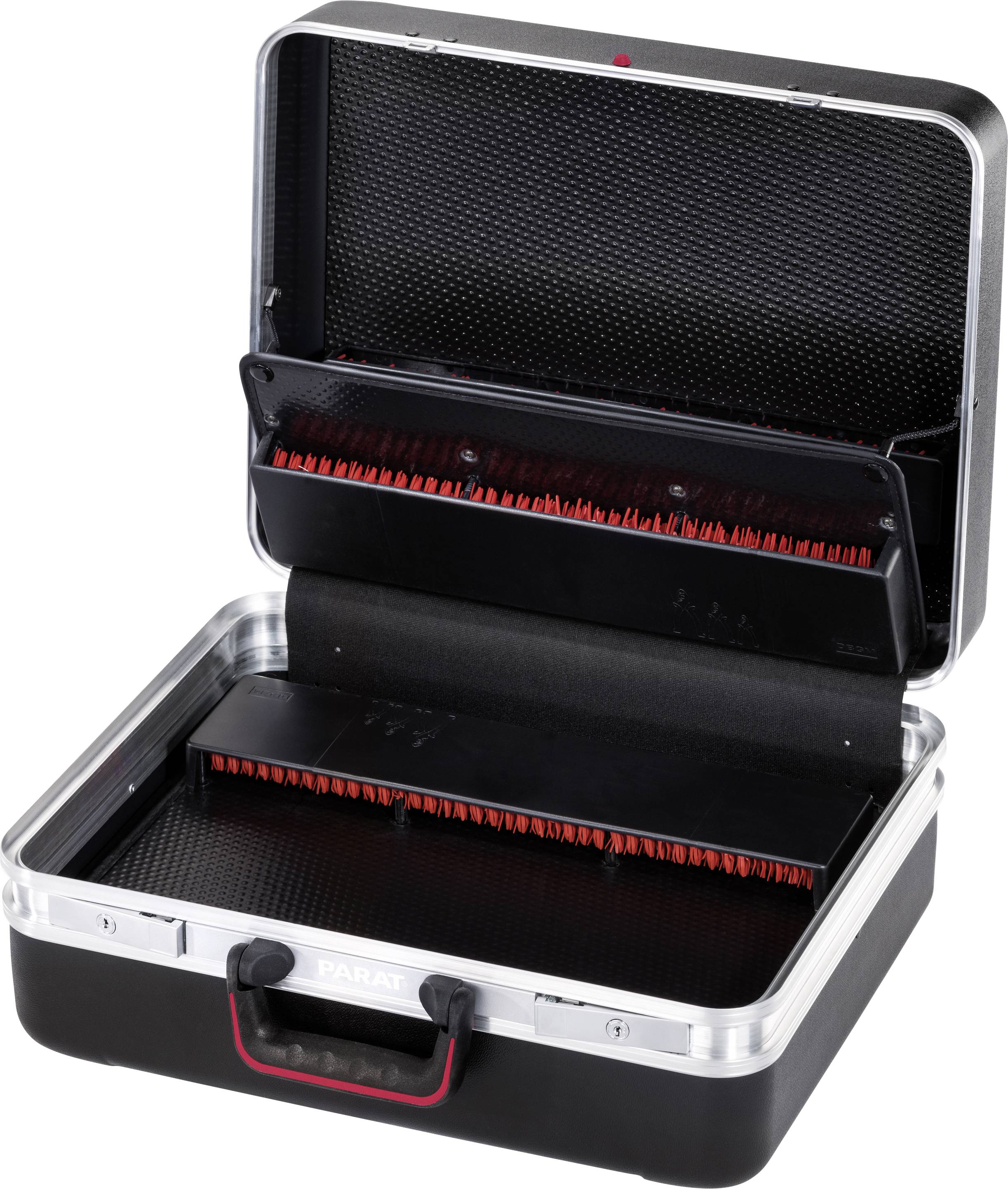 Open black tool case with red interior lining and multiple compartments, suitable for storing various tools.