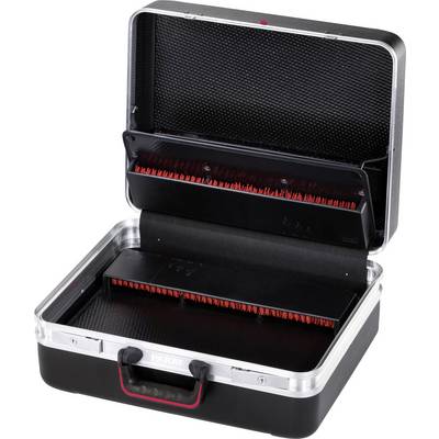 Open black tool case with red interior lining and multiple compartments, suitable for storing various tools.