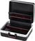 Open black tool case with red interior lining and multiple compartments, suitable for storing various tools.