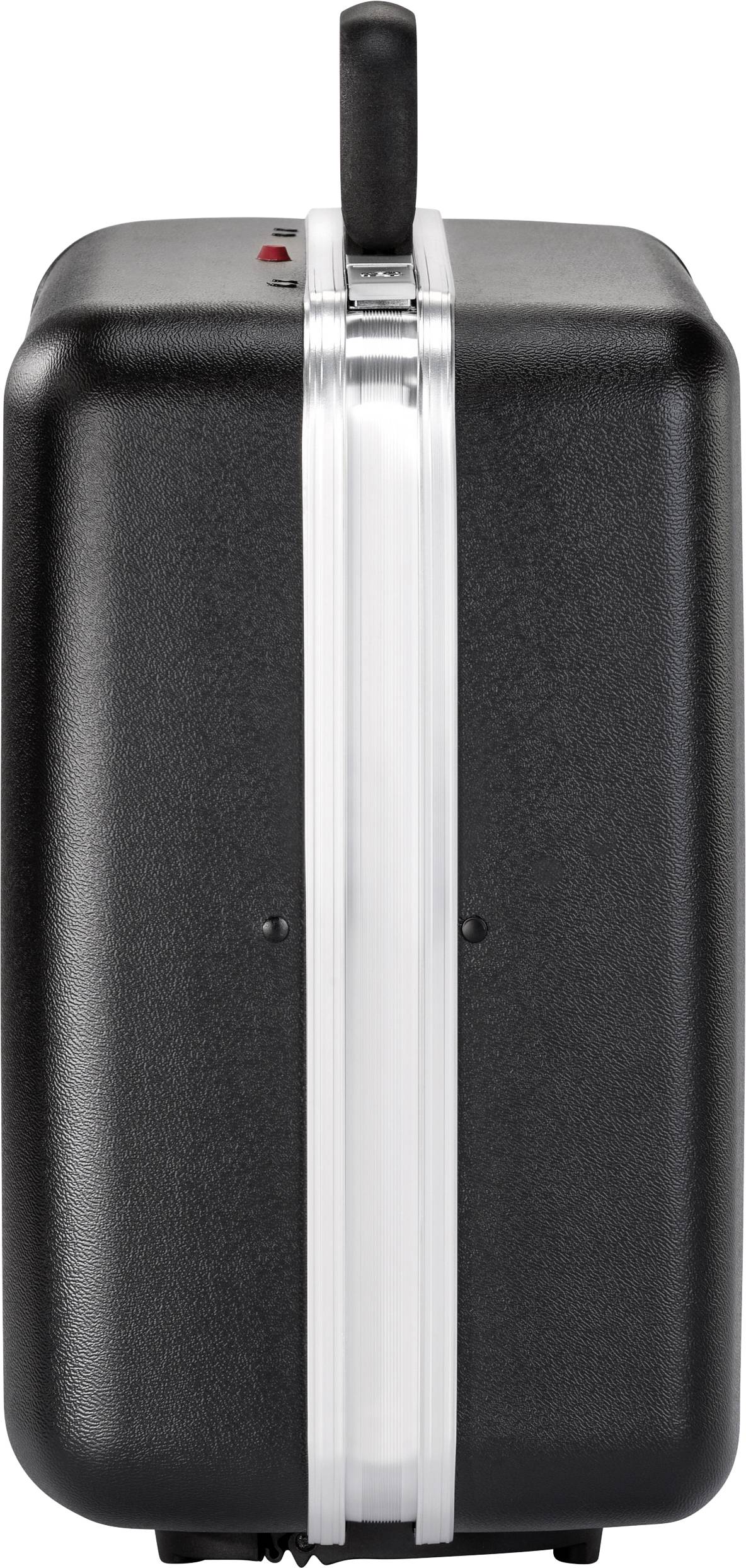 Black hard-shell suitcase in profile. The handle is visible at the top. The suitcase has a silver trim strip in the middle.