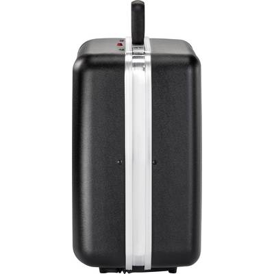 Black hard-shell suitcase in profile. The handle is visible at the top. The suitcase has a silver trim strip in the middle.