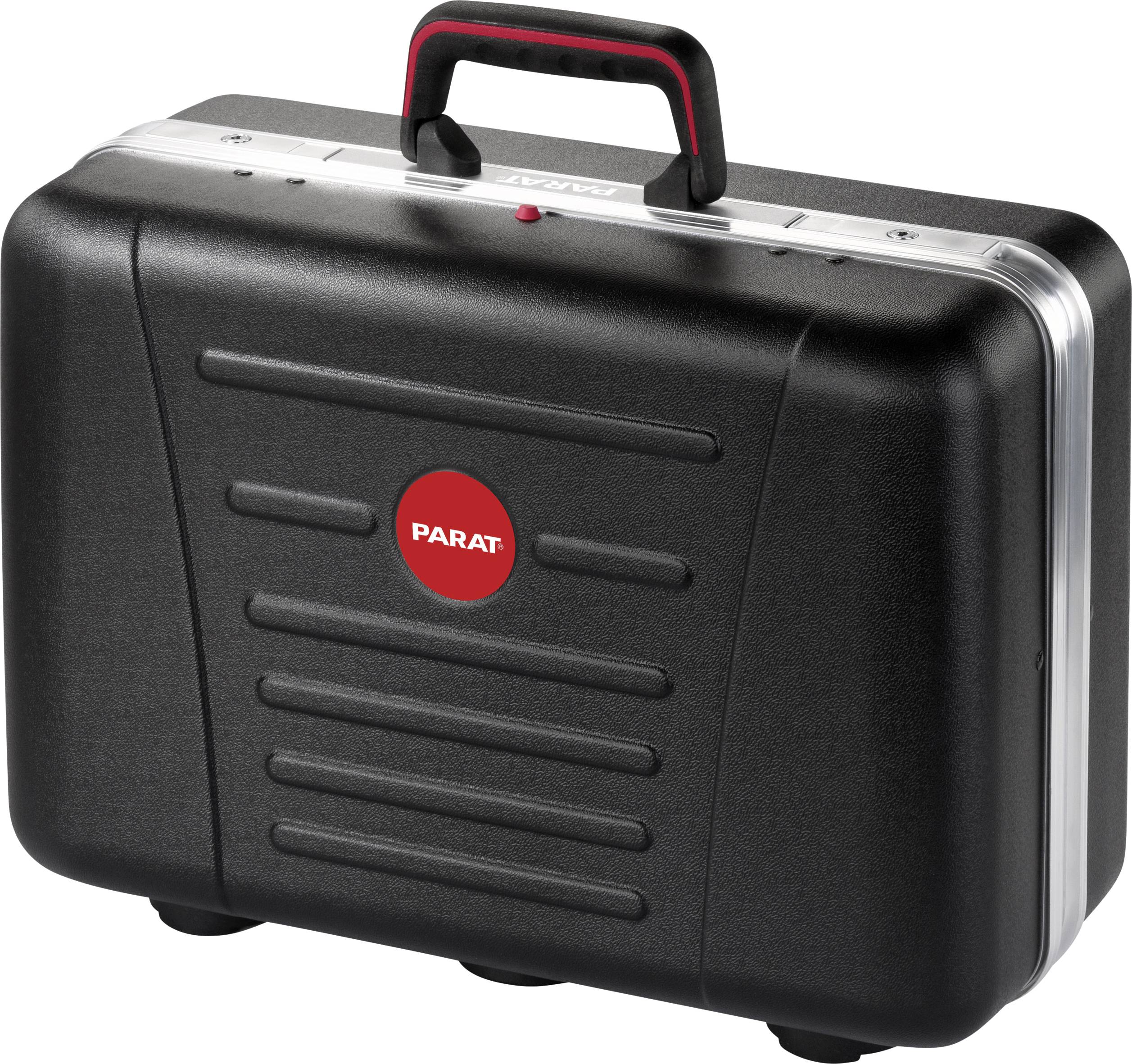 Black tool case with red handle and 'PARAT' logo on the front, rectangular in shape, portable for tool storage.
