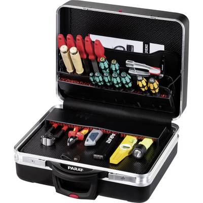 An opened toolbox with various hand tools, including screwdrivers, pliers and spanners, neatly arranged.
