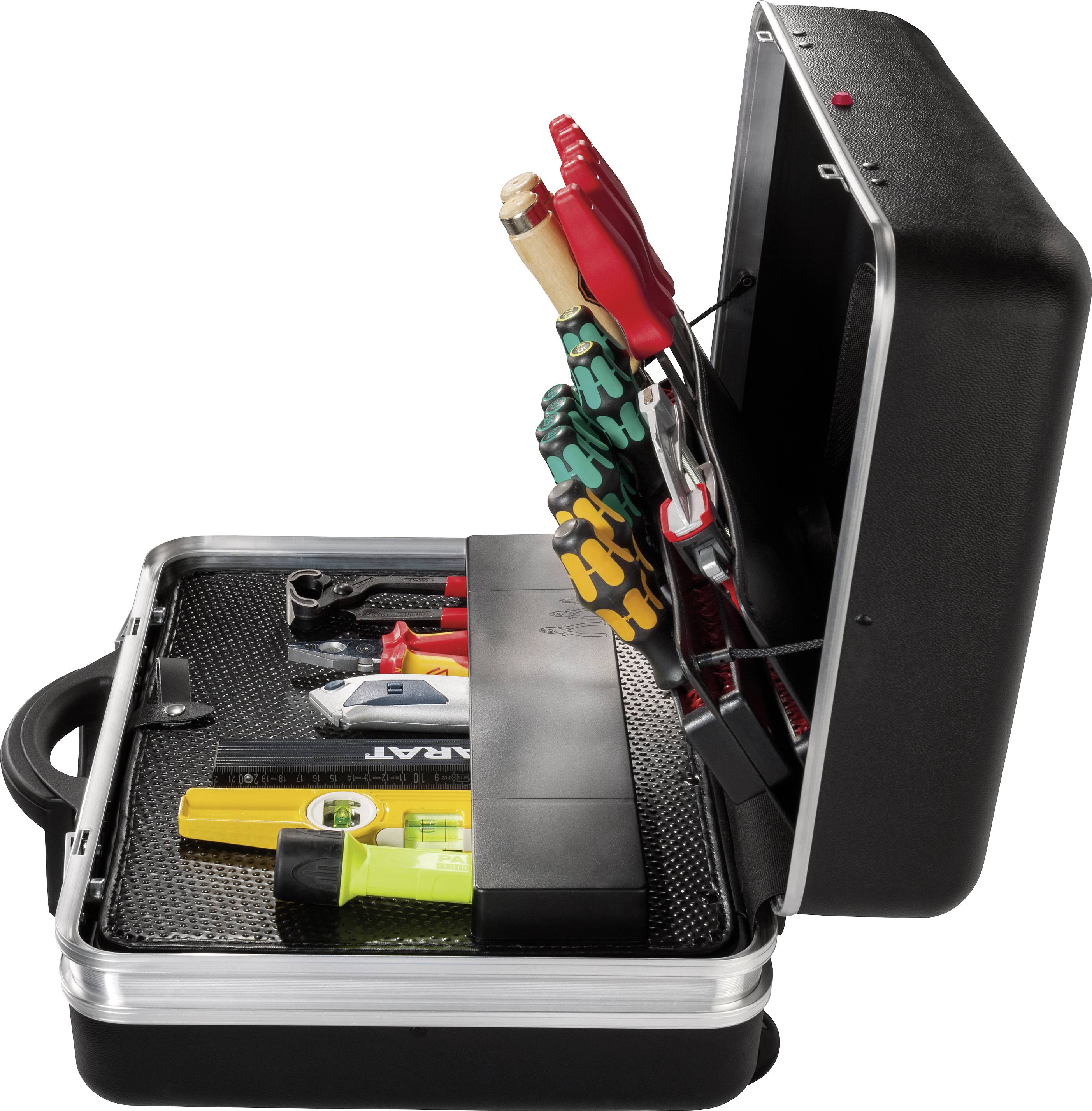 An open toolbox containing various tools such as pliers, spanners and a voltage tester.