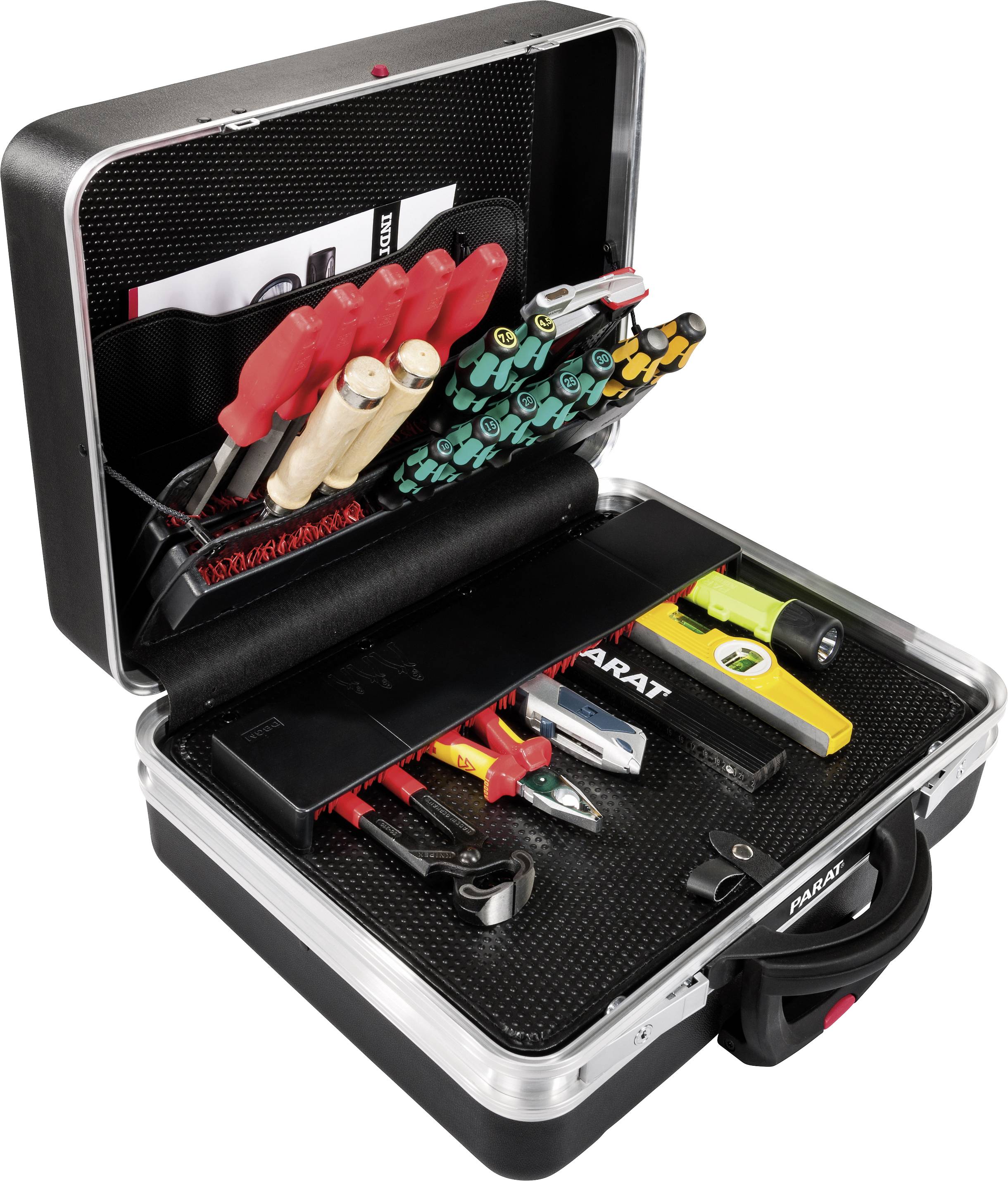 Tool case with various screwdrivers, pliers and measuring devices. The case is open and shows neatly arranged tools.