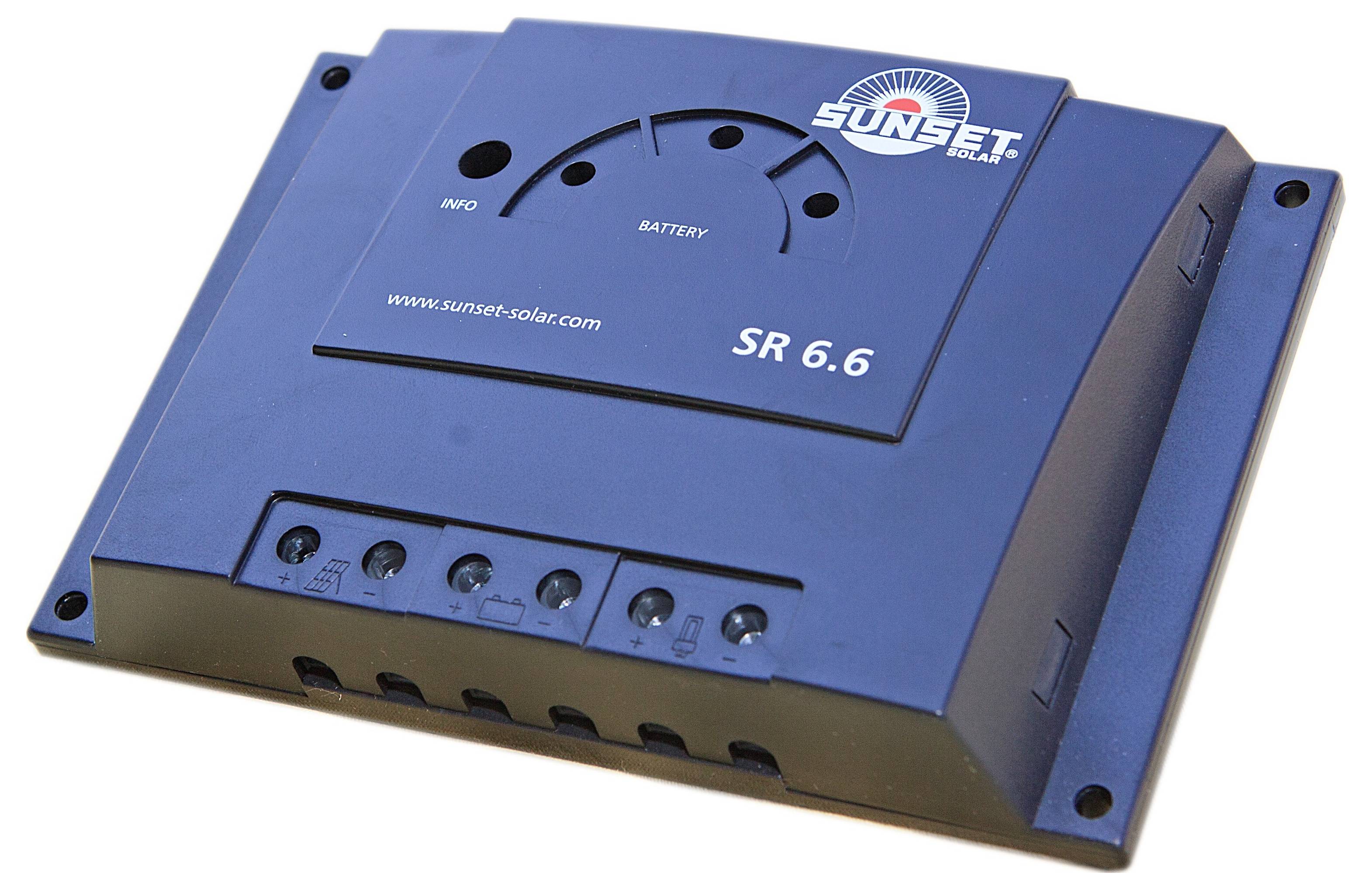 Solar charge controller with the 'Sunset Solar' logo, Model SR 6.6. Shows the connections for battery and information.