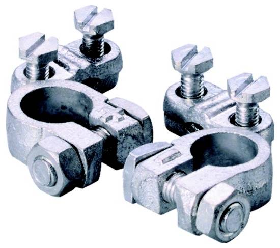 Two silver metal battery terminals with screws and nuts for attaching to vehicle battery posts.