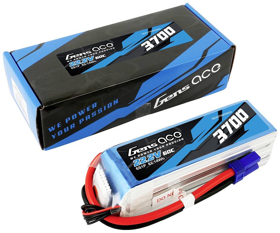 'Gens Ace' LiPo Battery 3700 mAh, 6S1P, 22.2 V, 60C. Battery next to matching blue packaging, cable and connector visible.