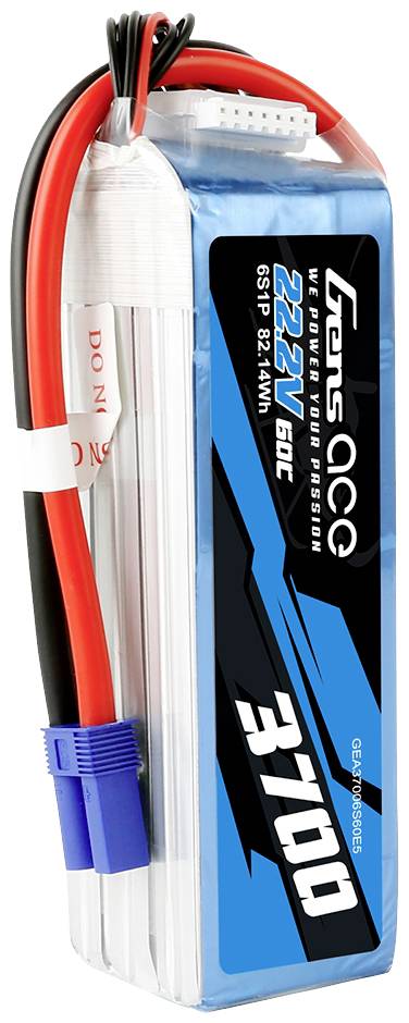 A LiPo battery with blue and red cables. The capacity is 3700 mAh at 22.2 V. Suitable for RC models.