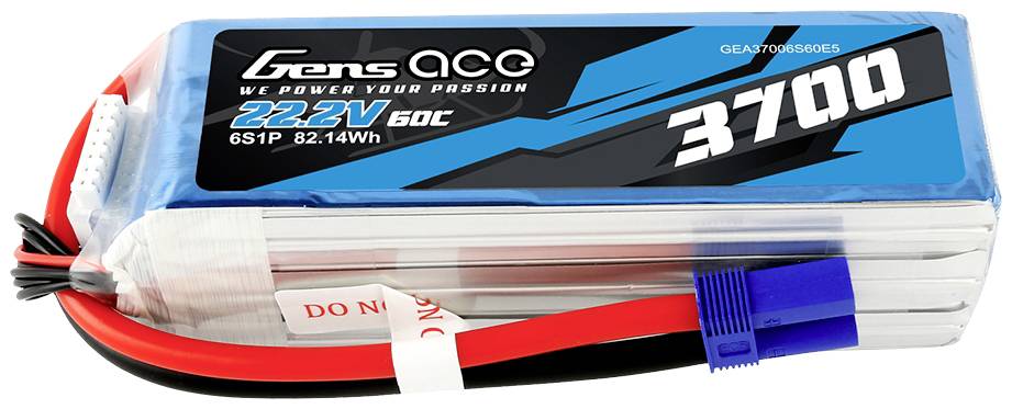 Gens Ace Lithium Polymer Battery 3700mAh, 22.2V, 60C. Rectangular shape, blue label, red and blue connectors.