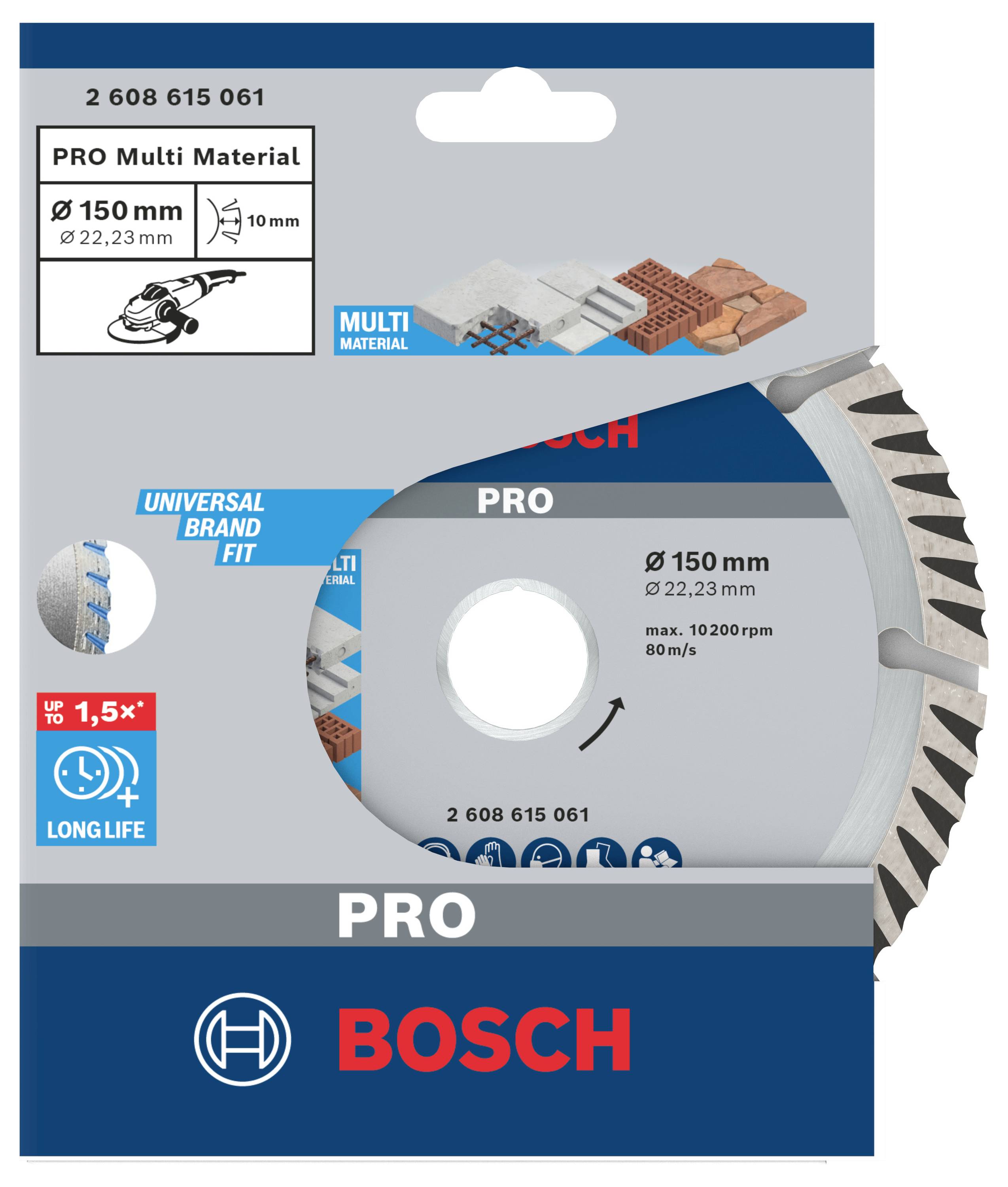 Circular saw blade 'Bosch Pro Multi Material', diameter 150 mm, bore 22.23 mm, suitable for various materials, long service life.