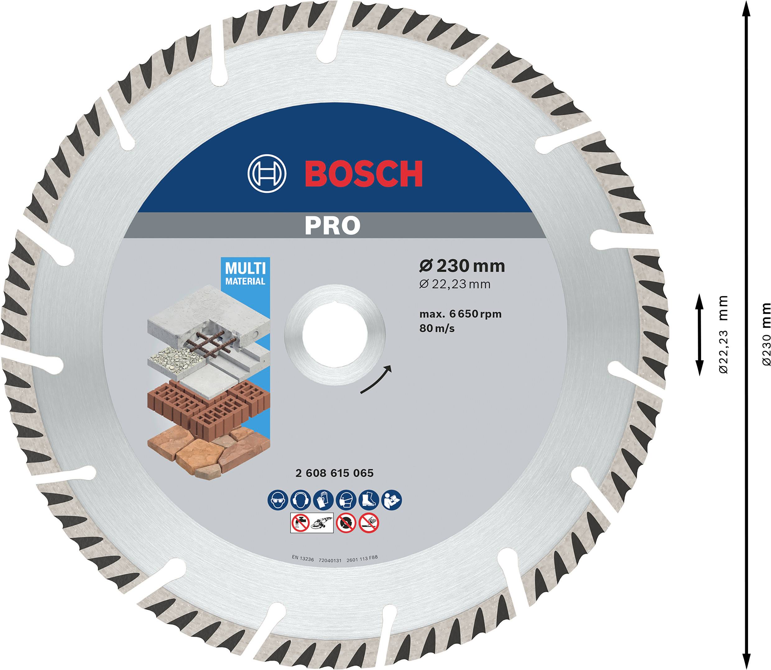 A Bosch Pro diamond cutting disc, suitable for materials such as concrete, masonry and stone; diameter 230 mm, max. 6650 rpm.